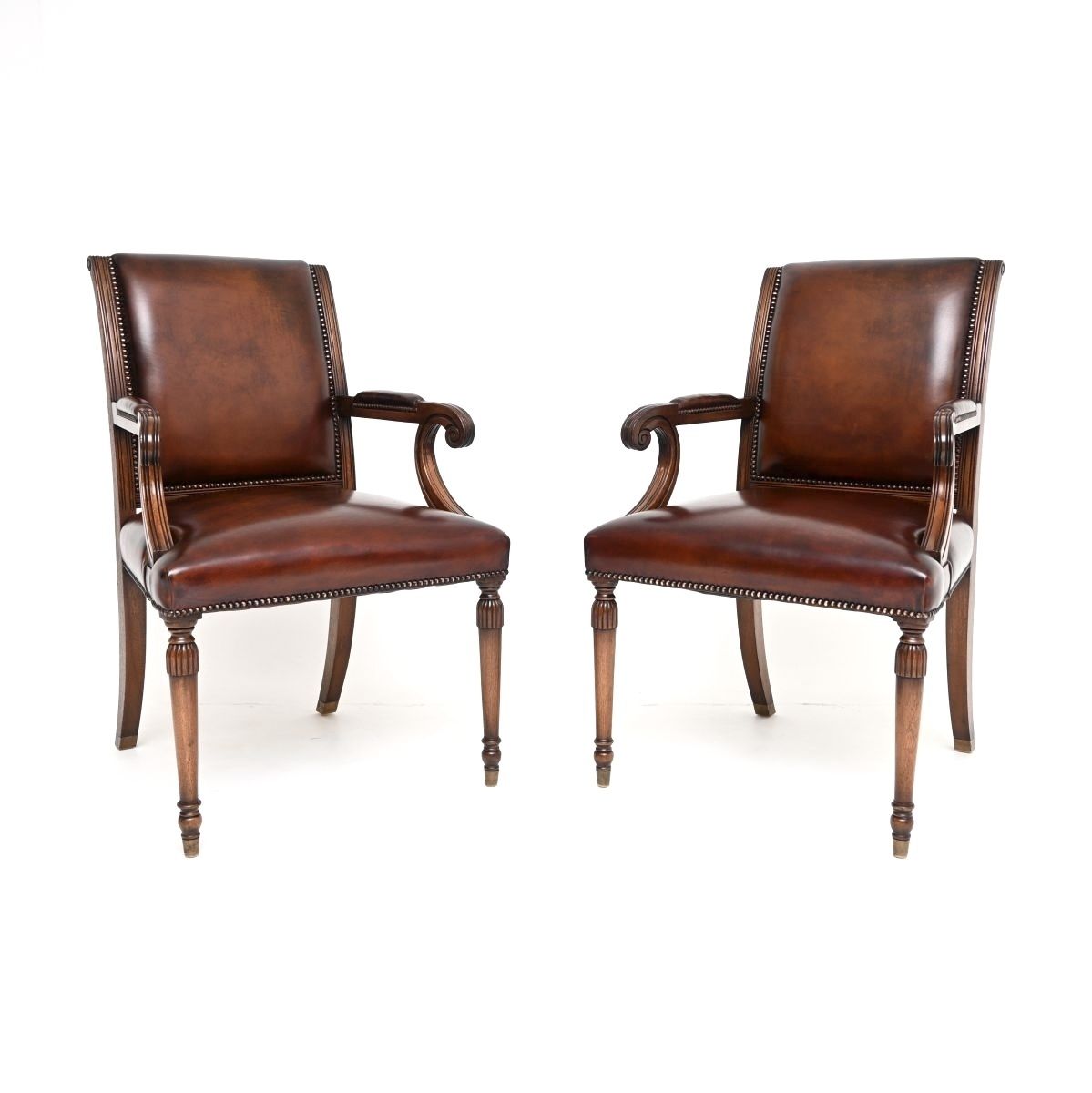 Pair Of Antique Georgian Style Leather And Mahogany Armchairs