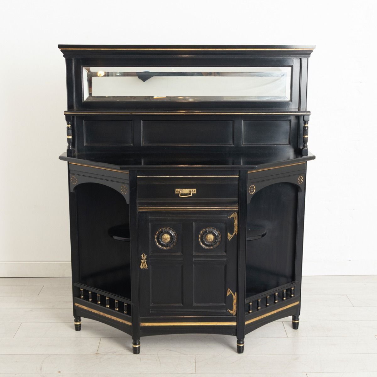 Aesthetic Movement Ebonised Cabinet With Mirrored Back By Garnett & Sons, Warrington C.1890