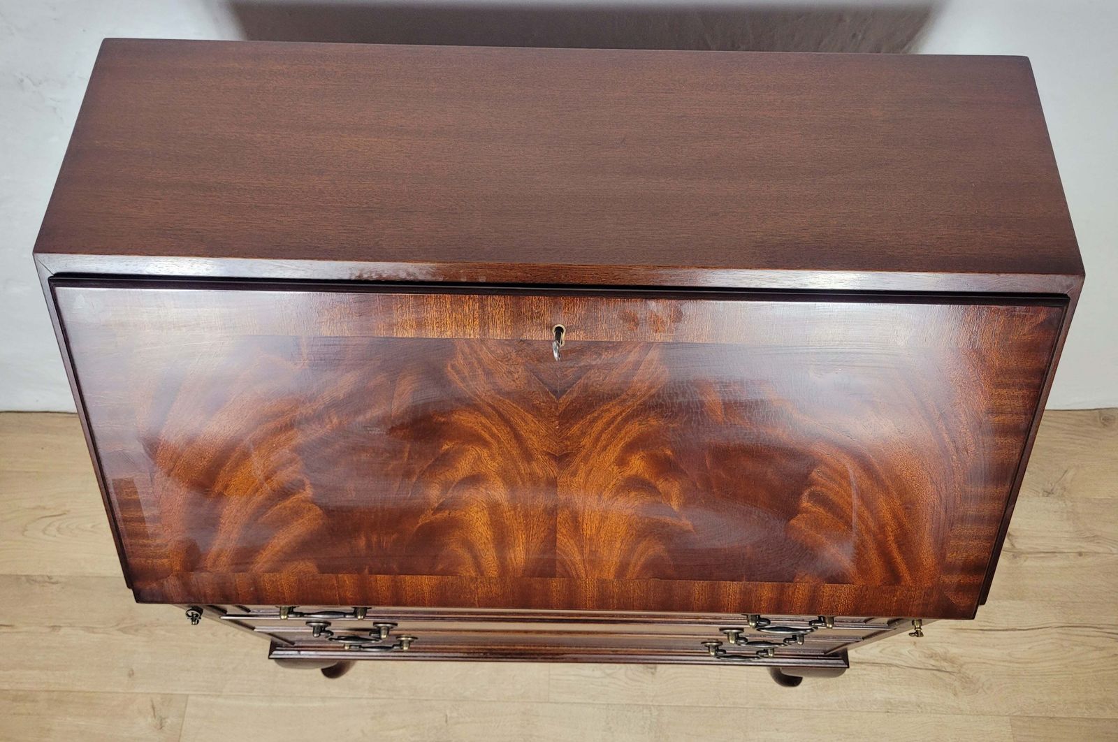 630.0 Vintage Writing Desk Bureau Key Lockable Drawers Leather 1950 photo