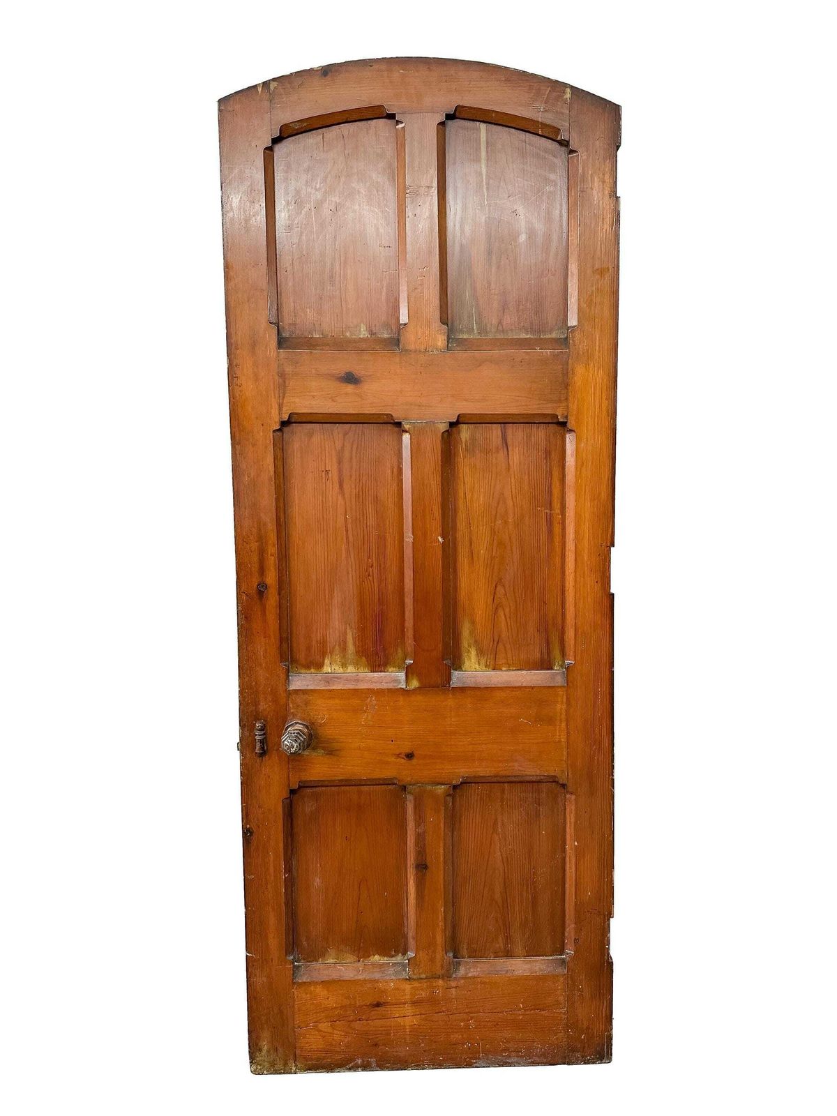 Victorian 6 Panel Pitch Pine Door With Arch & Original Carved Handles   Gothic Revival 19th Century photo vintage