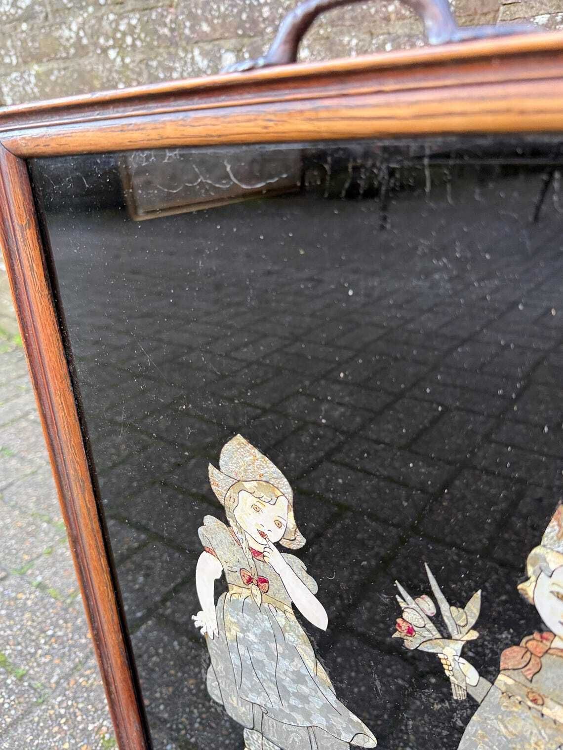 Antique 1920s Art Deco Black Lacquer Firescreen With Foil Appliqué Children, Vintage Fire Screen photo for sale
