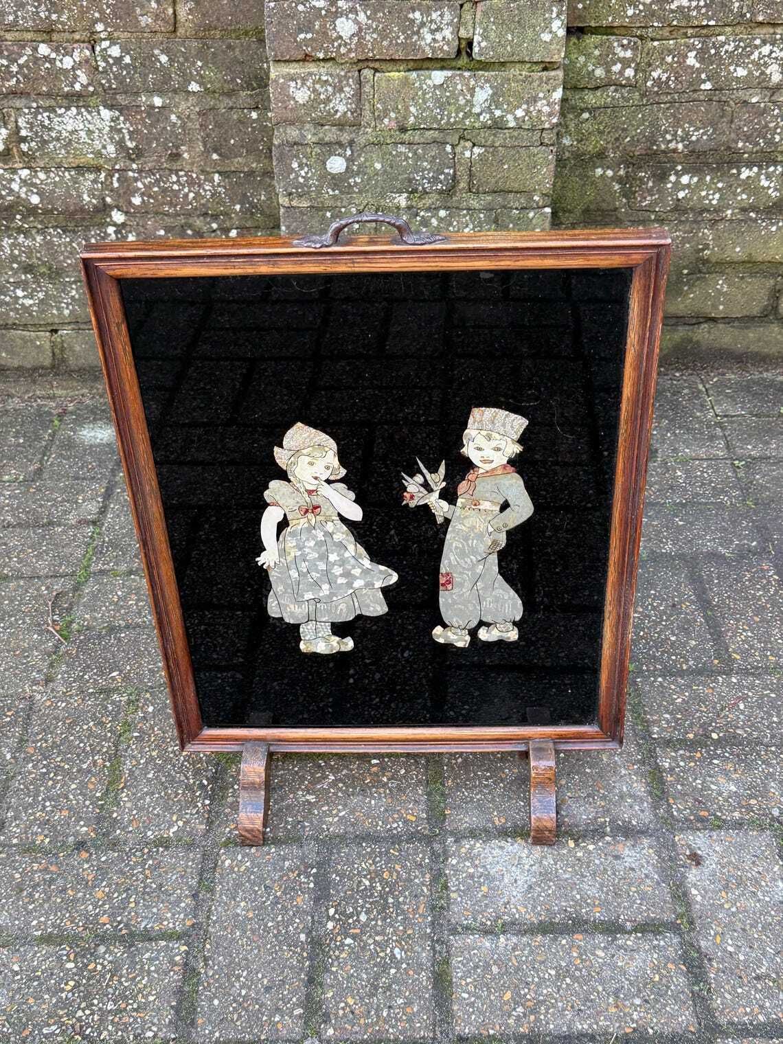 photo buy Antique 1920s Art Deco Black Lacquer Firescreen With Foil Appliqué Children, Vintage Fire Screen