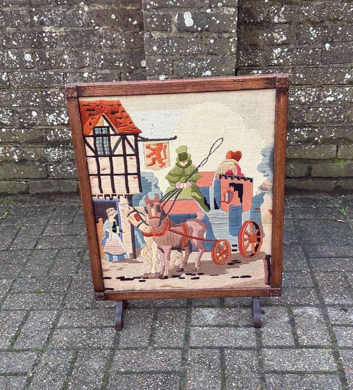 Vintage 1930s Oak Framed Needlepoint Firescreen With Medieval Carriage Scene