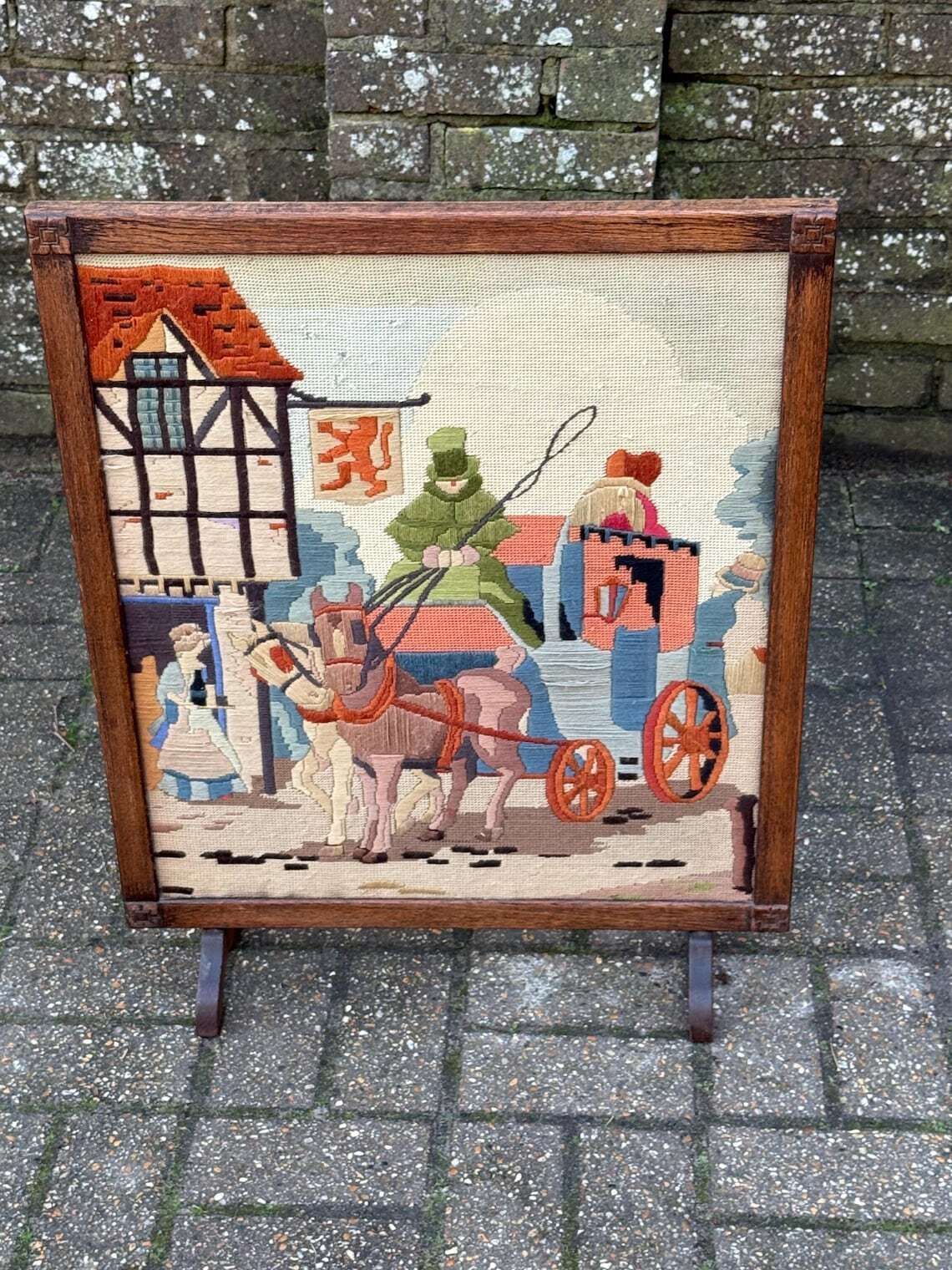 Vintage 1930s Oak Framed Needlepoint Firescreen With Medieval Carriage Scene photo furniture