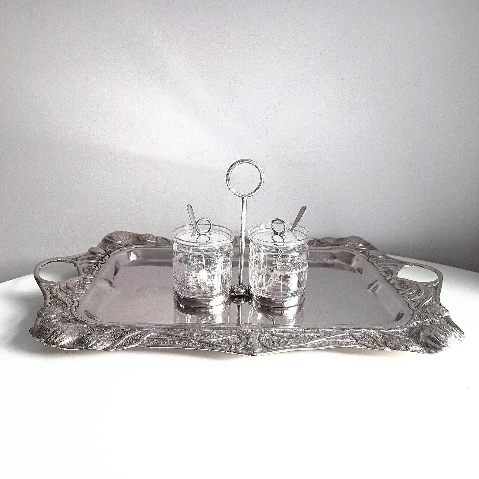 Vintage Hukin & Heath Silver Plate Double Jar Handled Serving Cruet: Stuart Crystal, C 1900 photo furniture