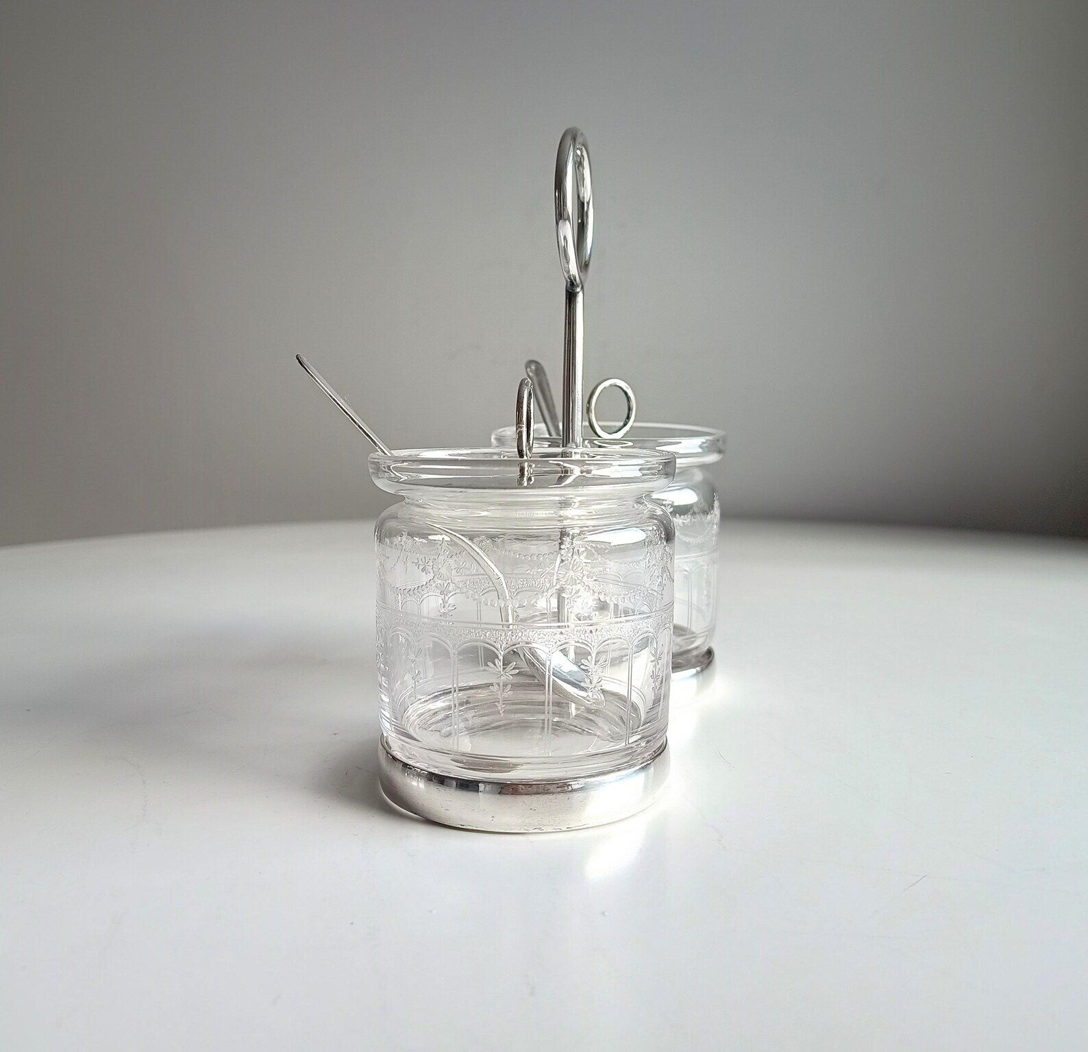 photo furniture Vintage Hukin & Heath Silver Plate Double Jar Handled Serving Cruet: Stuart Crystal, C 1900