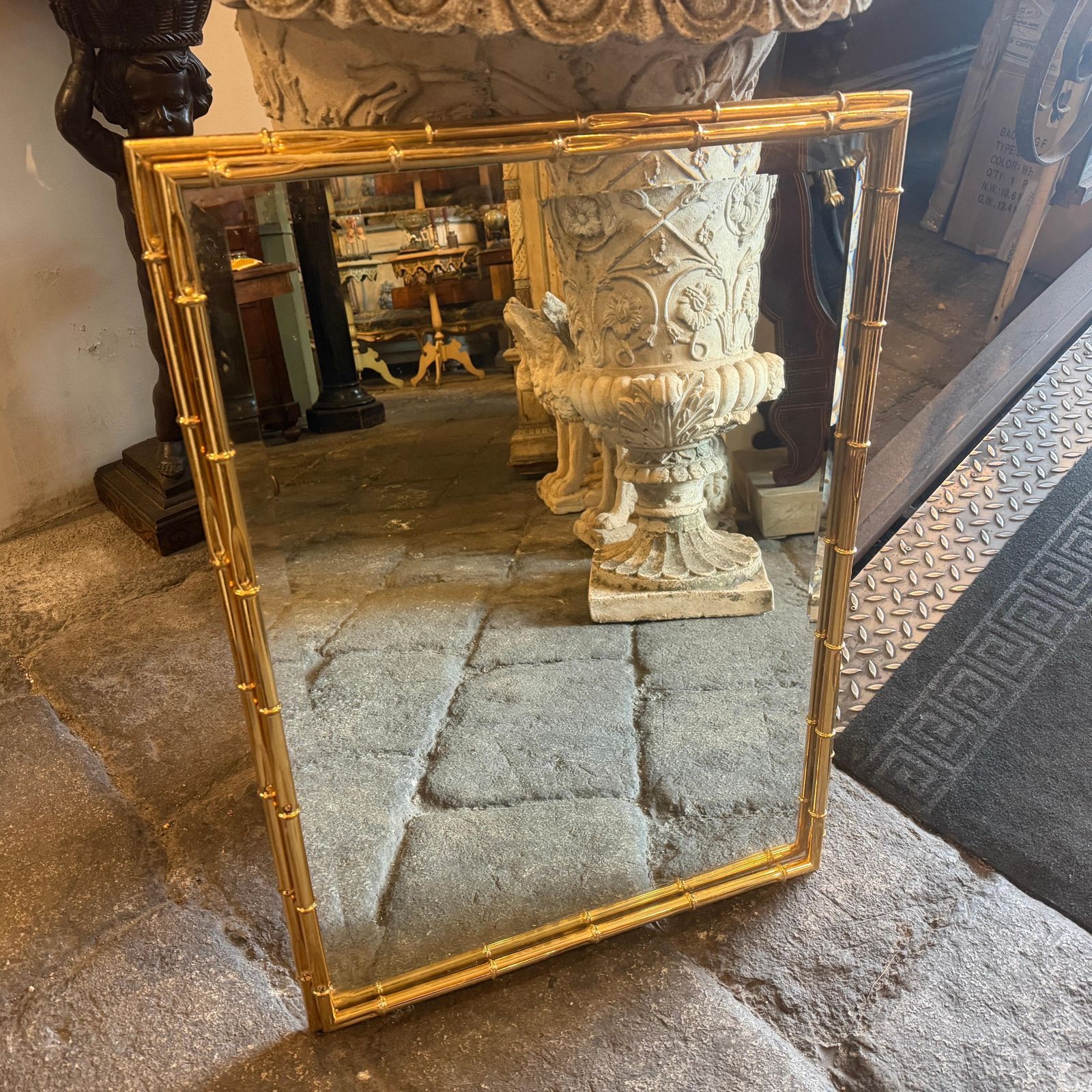 1970s Hollywood Regency Bamboo Shaped Brass Italian Wall Mirror photo furniture