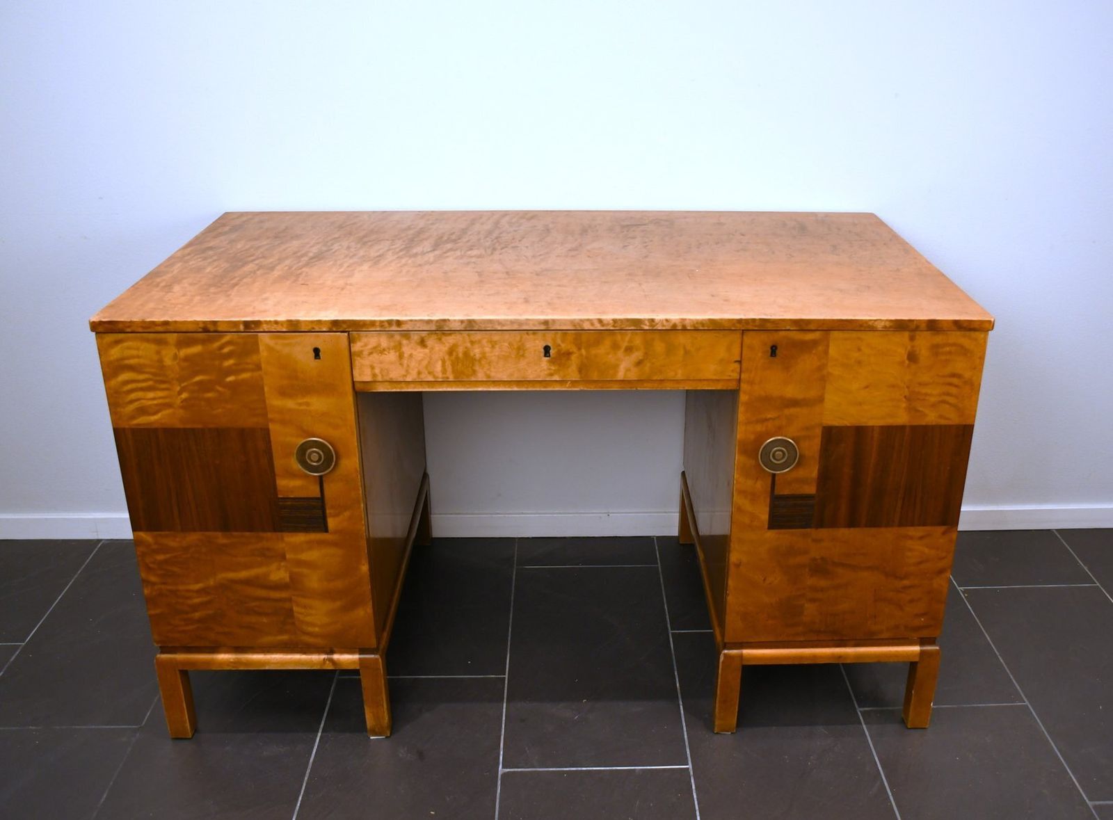 Swedish Grace Flamed Birch And Macassar Desk From Svenska Möbelfabrikerna Smf, Early 1920s