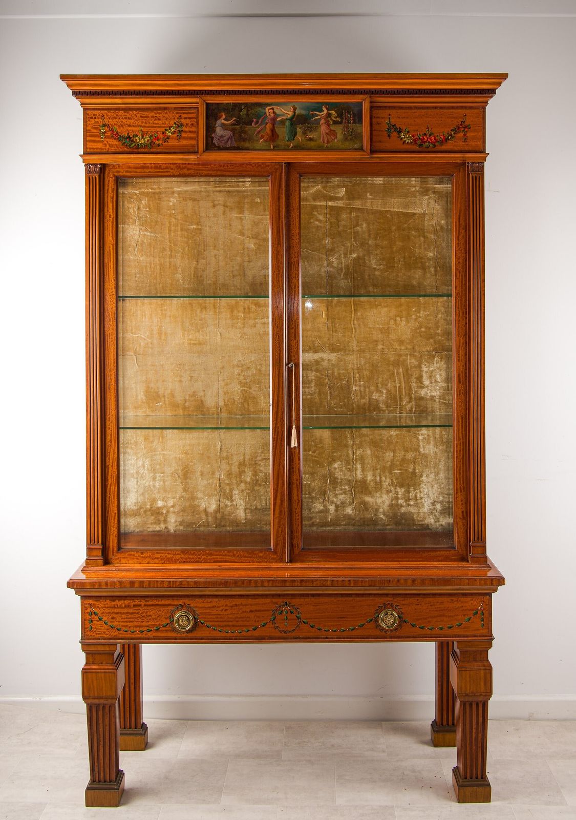Edwardian Satinwood Painted Display Cabinet Hampton & Sons C.1900 Classical Maidens Hand Painted photo furniture