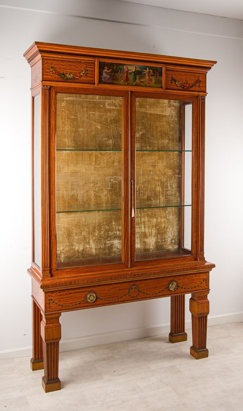 Edwardian Satinwood Painted Display Cabinet Hampton & Sons C.1900 Classical Maidens Hand Painted photo Furniture