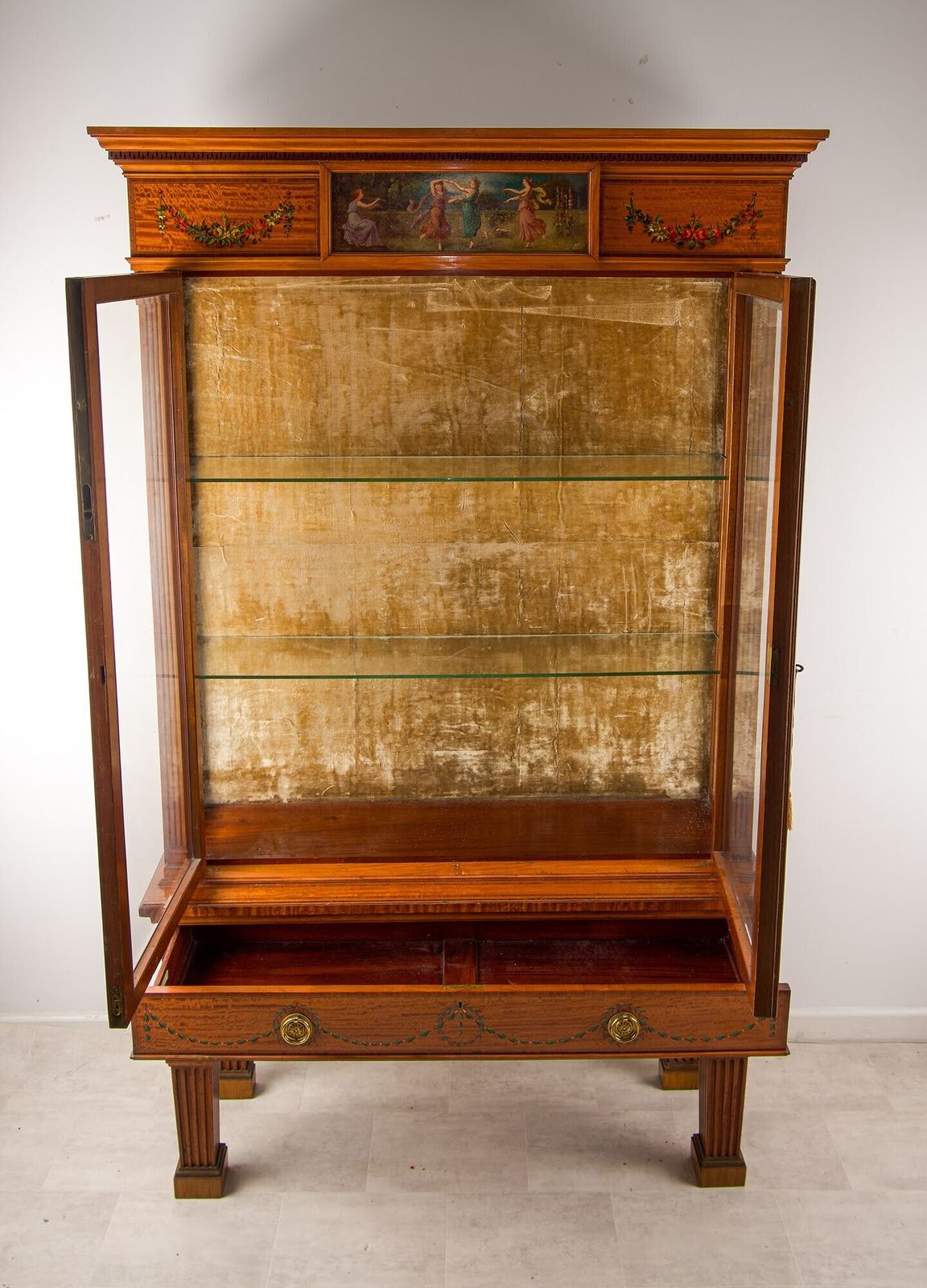 Edwardian Satinwood Painted Display Cabinet Hampton & Sons C.1900 Classical Maidens Hand Painted photo vintage