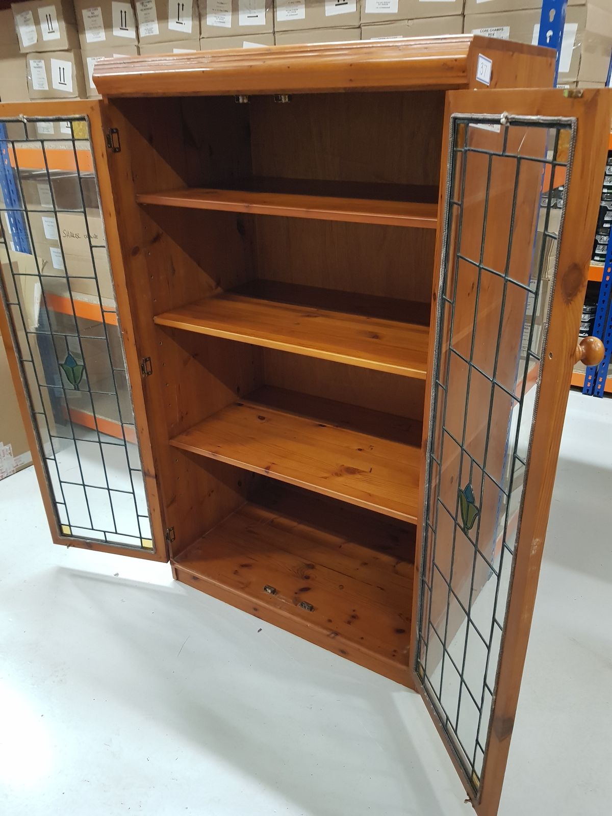 Sold Rose Wood Display Cabinet, With 'Leaded' Glass Doors And 3 Shevles photo for sale