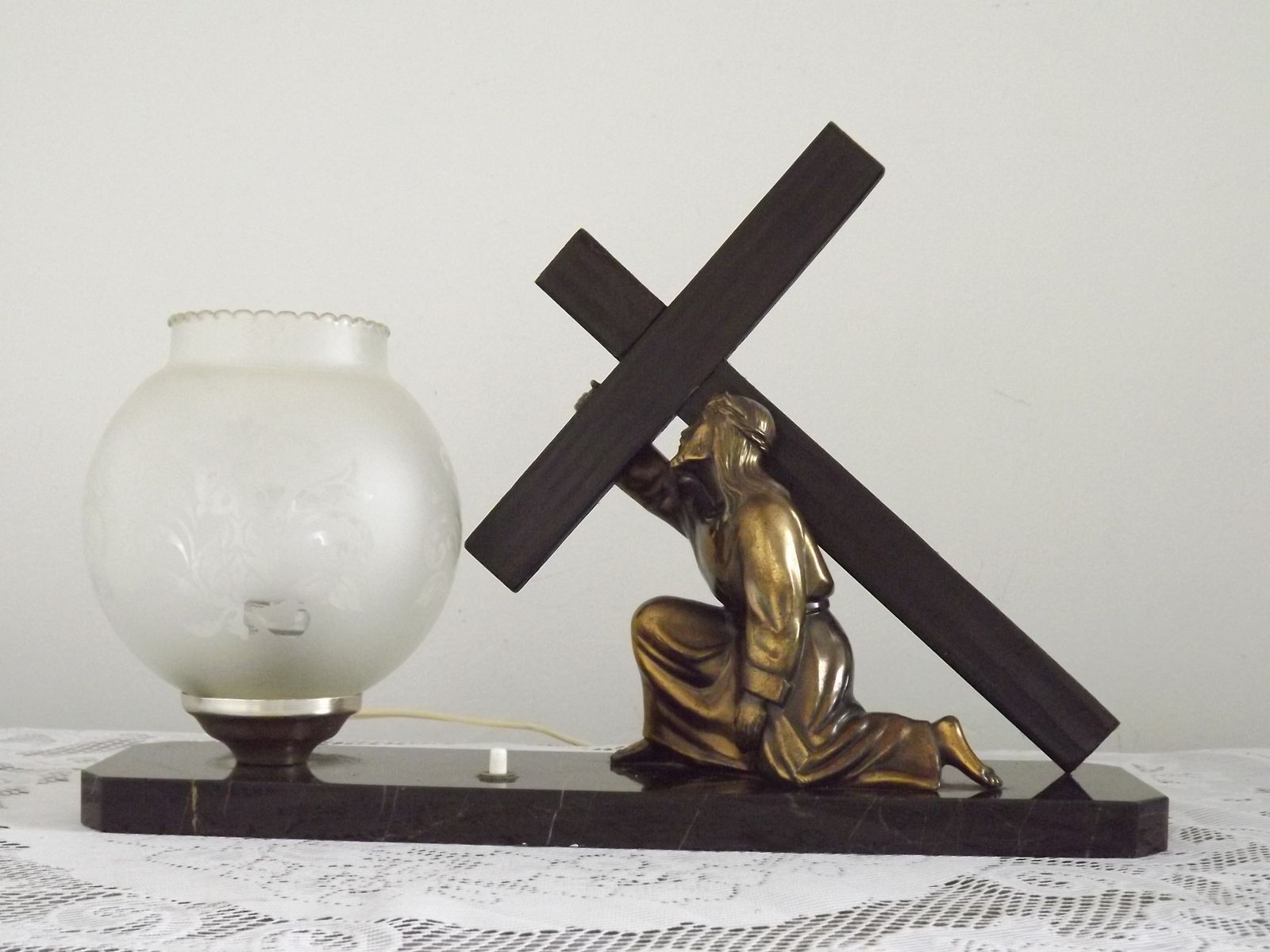 French Art Deco Table Lamp Spelter Figure Of Christ Marble Base Glass Shade