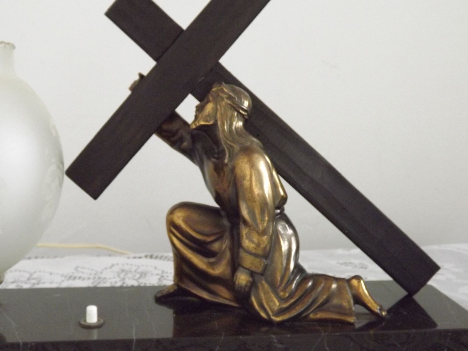 French Art Deco Table Lamp Spelter Figure Of Christ Marble Base Glass Shade photo furniture