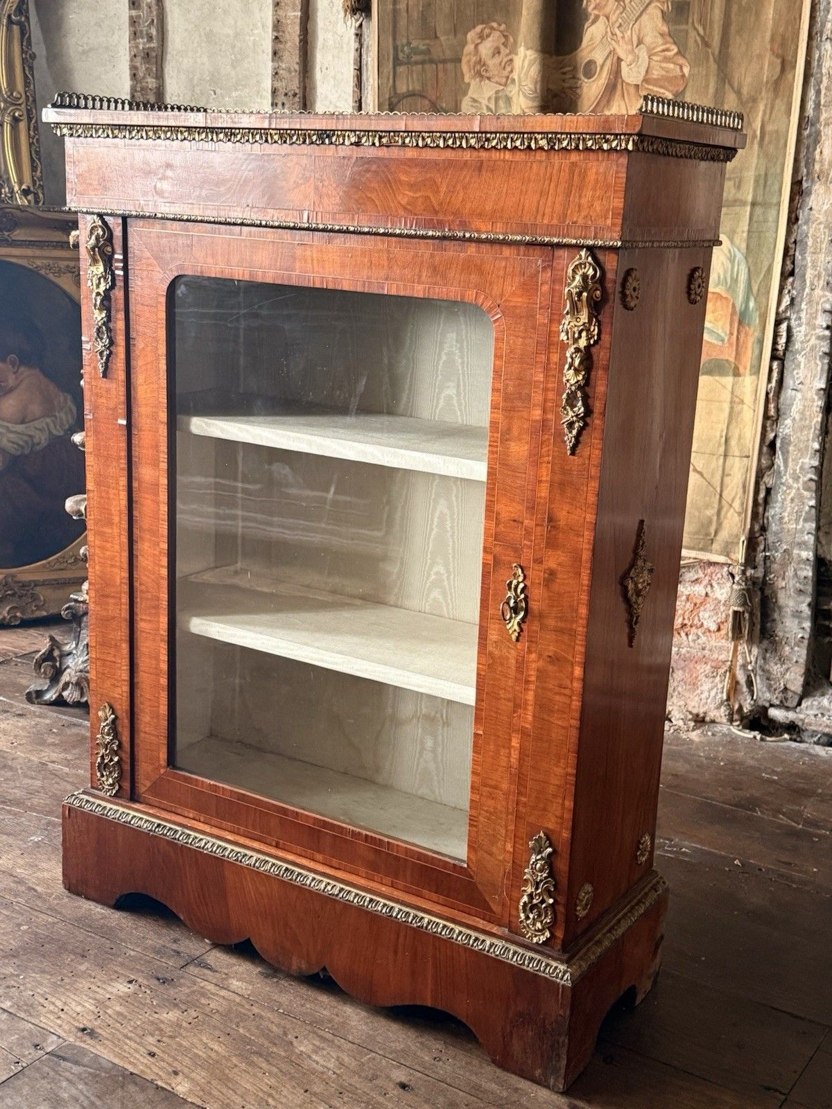 Exceptional Antique Walnut Glass English Pier Ormolu Cabinet W/ Gallery 1870 photo furniture