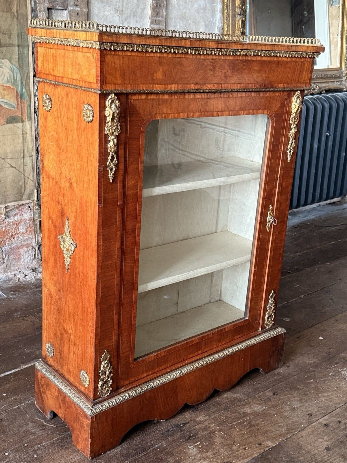 Exceptional Antique Walnut Glass English Pier Ormolu Cabinet W/ Gallery 1870 photo for sale