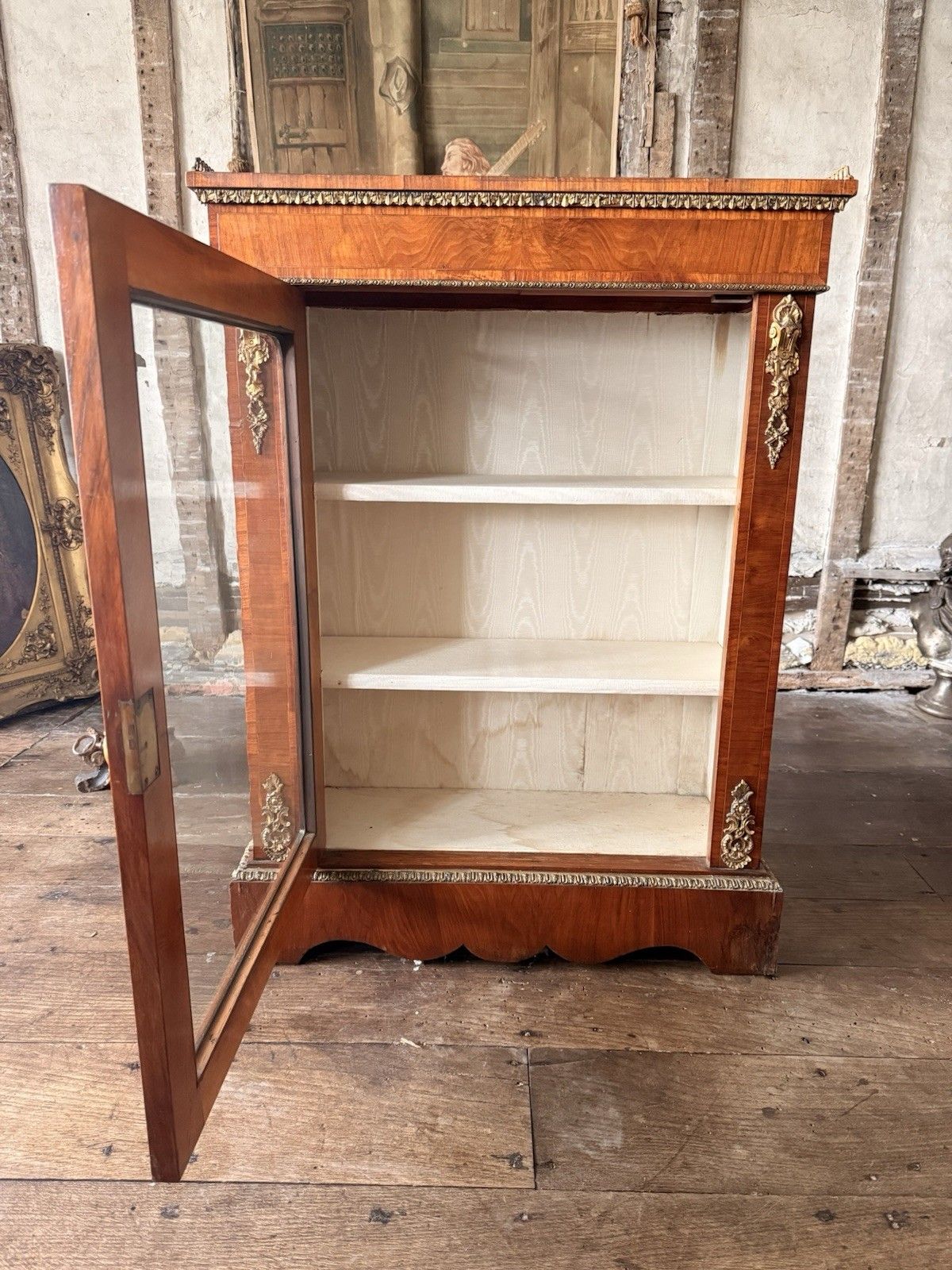 photo furniture Exceptional Antique Walnut Glass English Pier Ormolu Cabinet W/ Gallery 1870