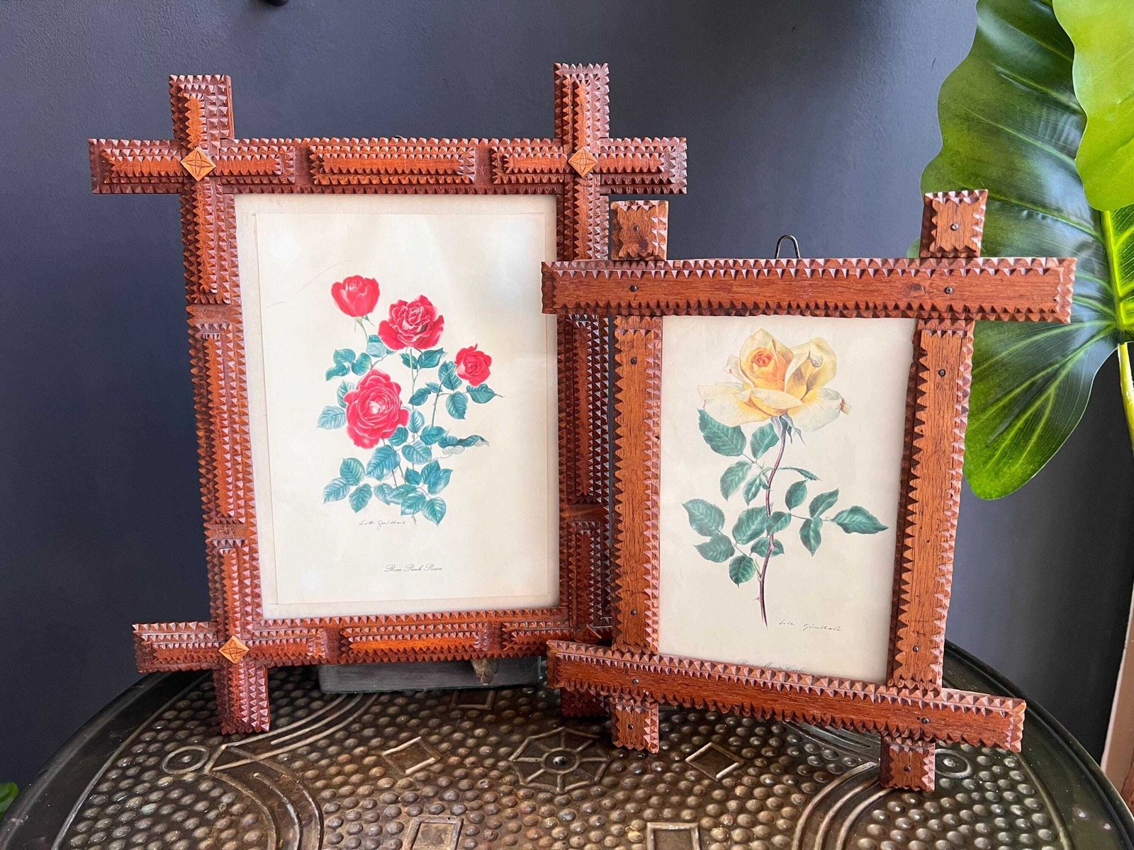 Antique Tramp Art Wood Frames, Hand Carved Crown Of Thorns, Swiss Folk Art Pair photo Home Decor