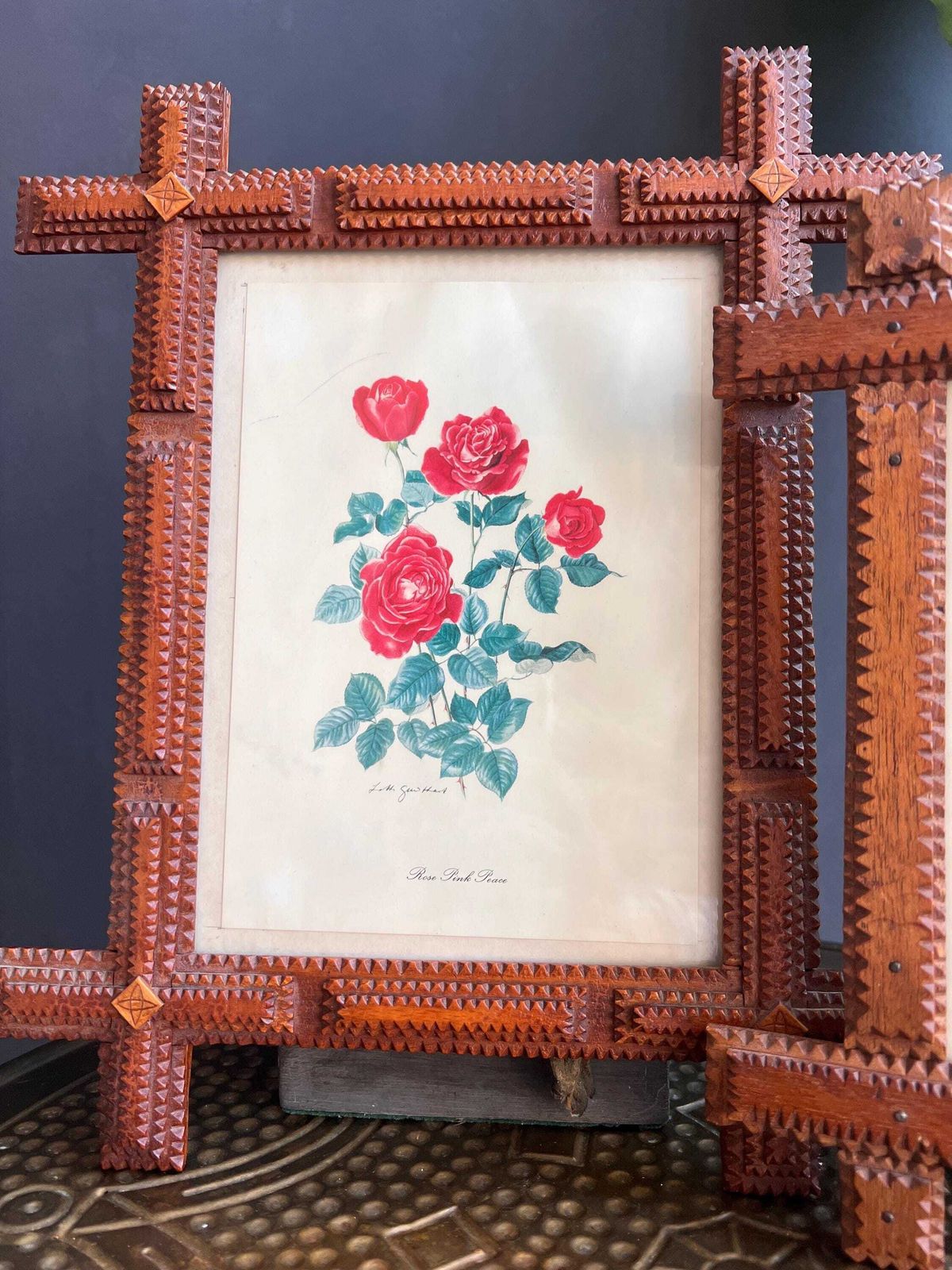 Antique Tramp Art Wood Frames, Hand Carved Crown Of Thorns, Swiss Folk Art Pair photo vintage