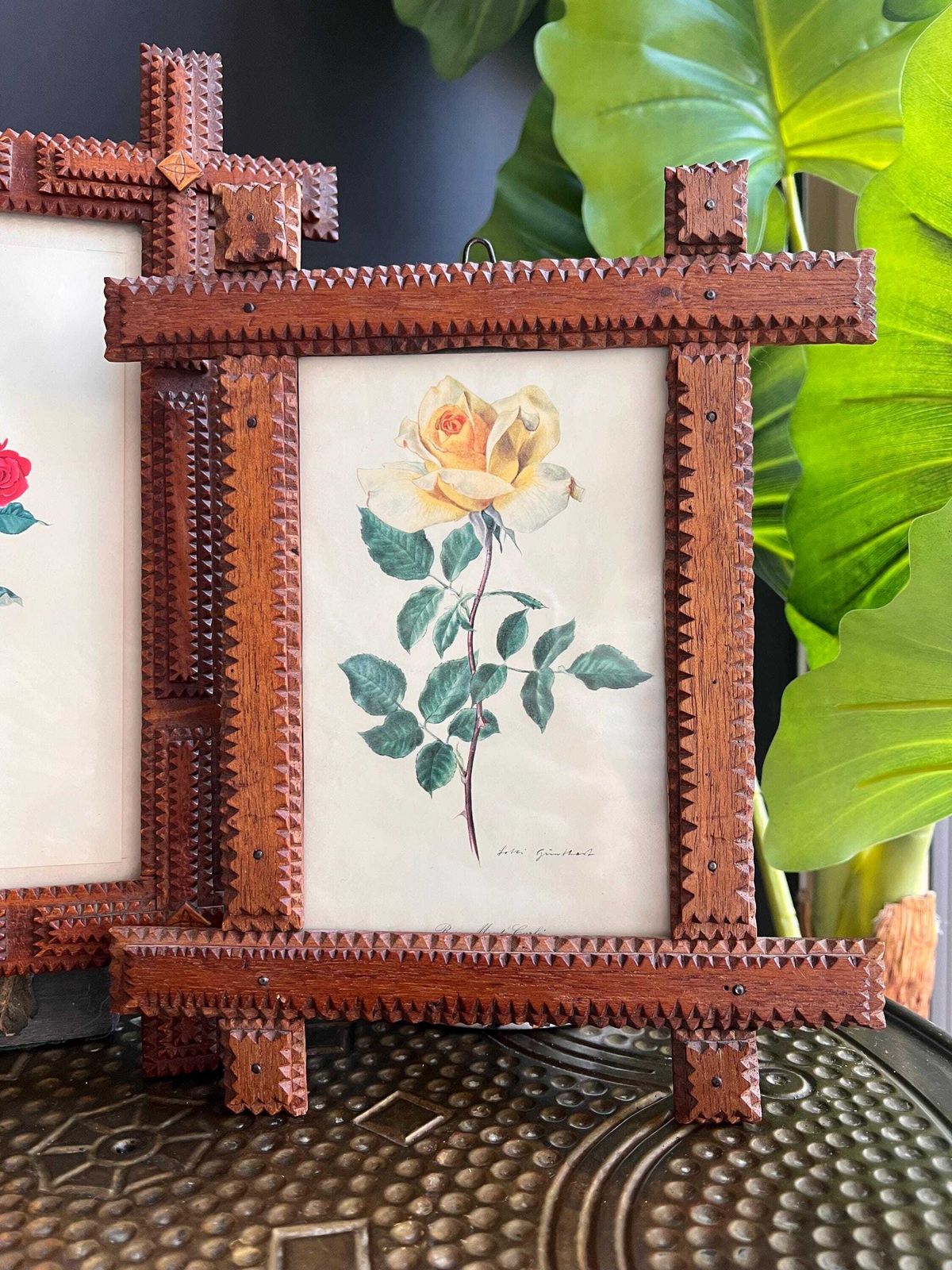 photo vintage Antique Tramp Art Wood Frames, Hand Carved Crown Of Thorns, Swiss Folk Art Pair