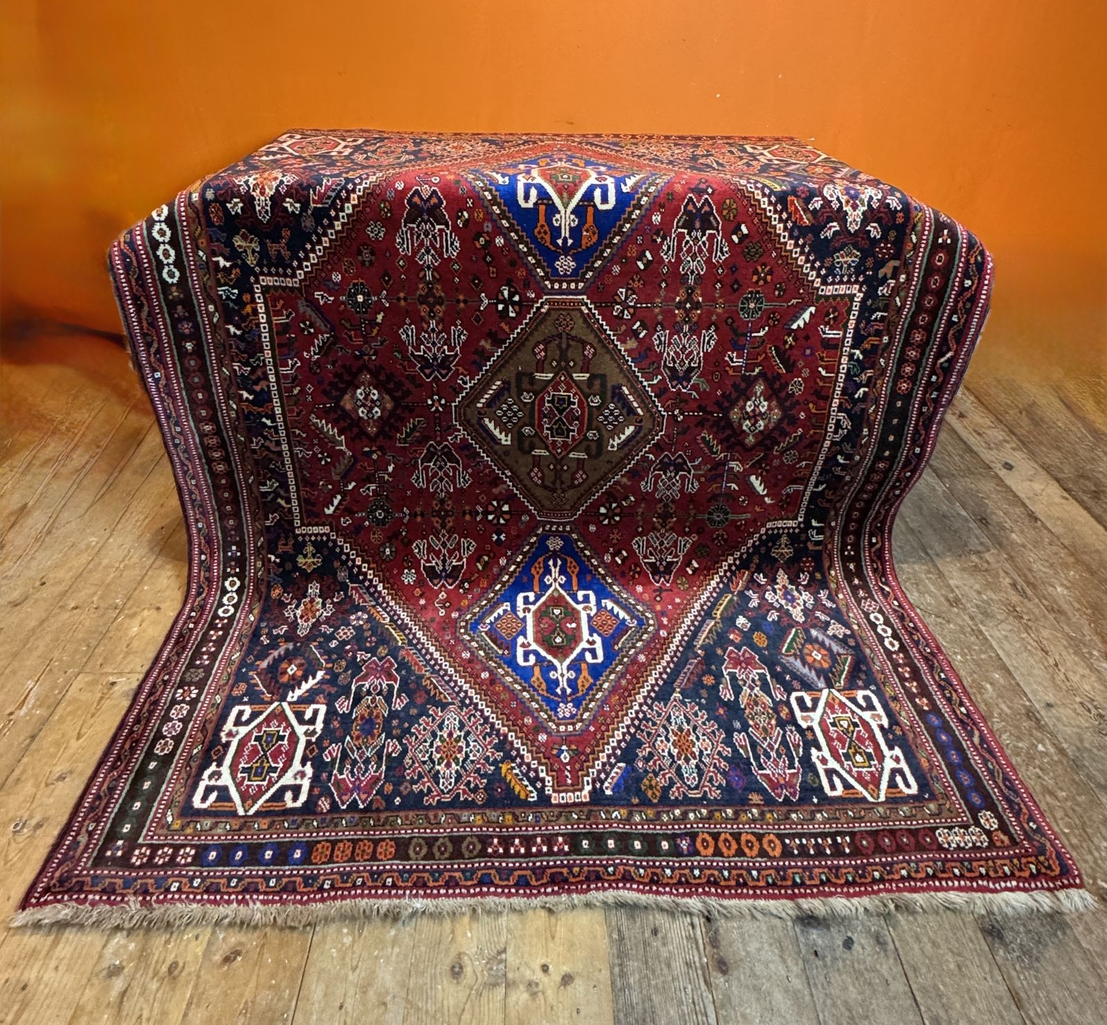 Qashqai Tribal Hand Woven Wool Medallion Rug photo furniture
