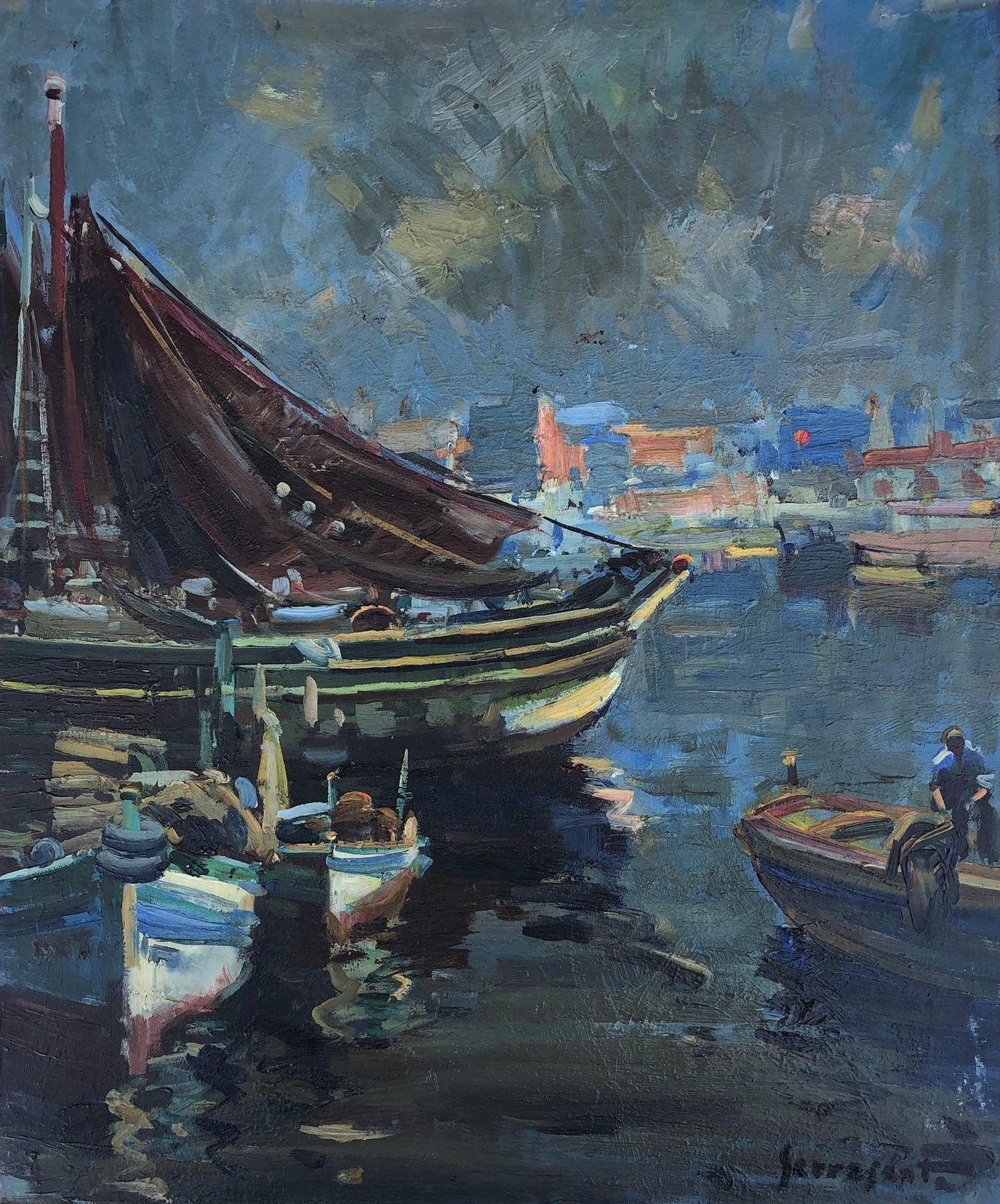 Josep Serrasanta, Zeegezicht Van Een Spaanse Vissershaven, Olieverf Op Doek, Ca. 1990