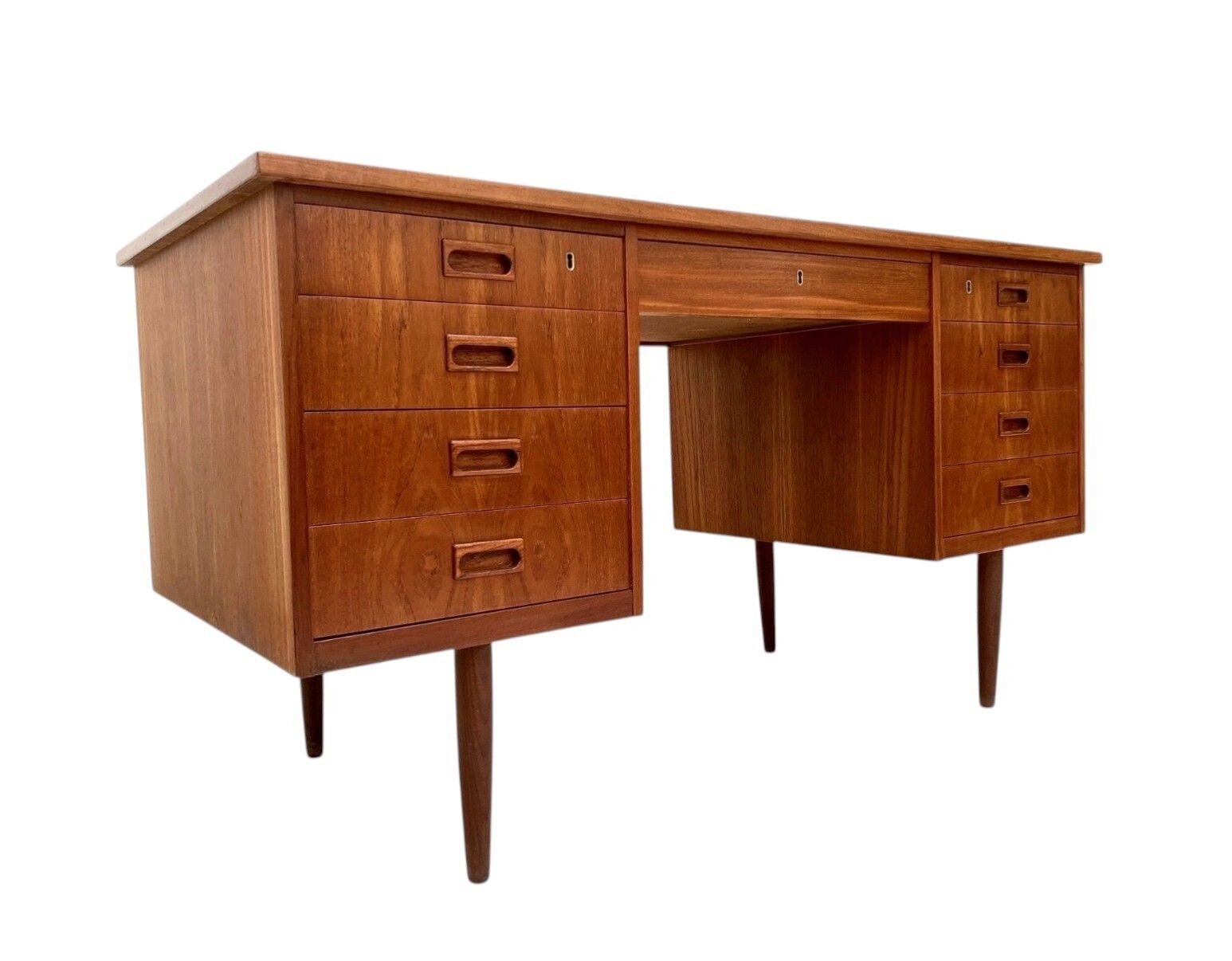 Danish Large Teak Writing Desk With Recessed Handles Double Pedestal Mid Century 1960s photo for sale