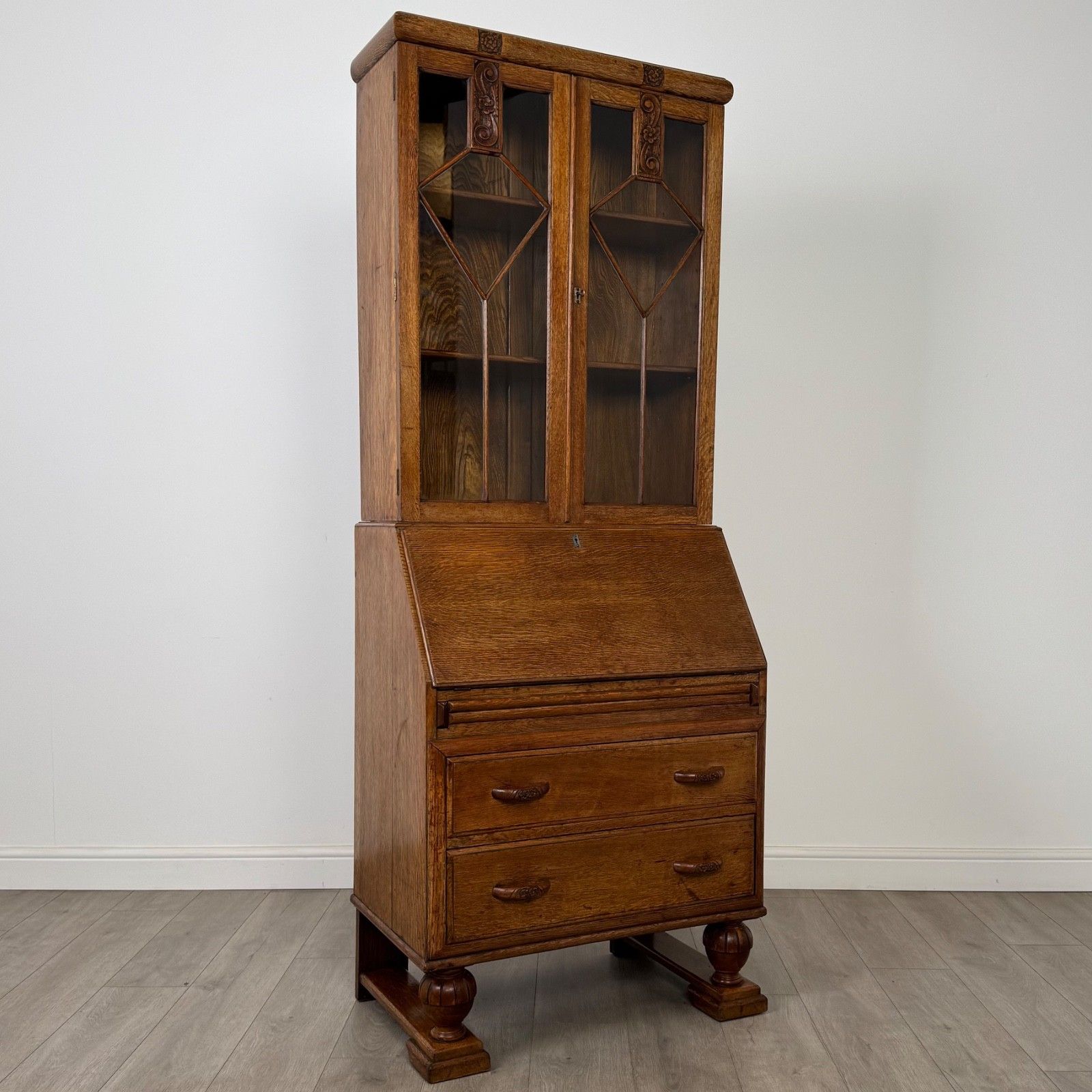 photo for sale Antique 20th Century Art Deco Golden Oak Bureau Bookcase ( Af 5245 )