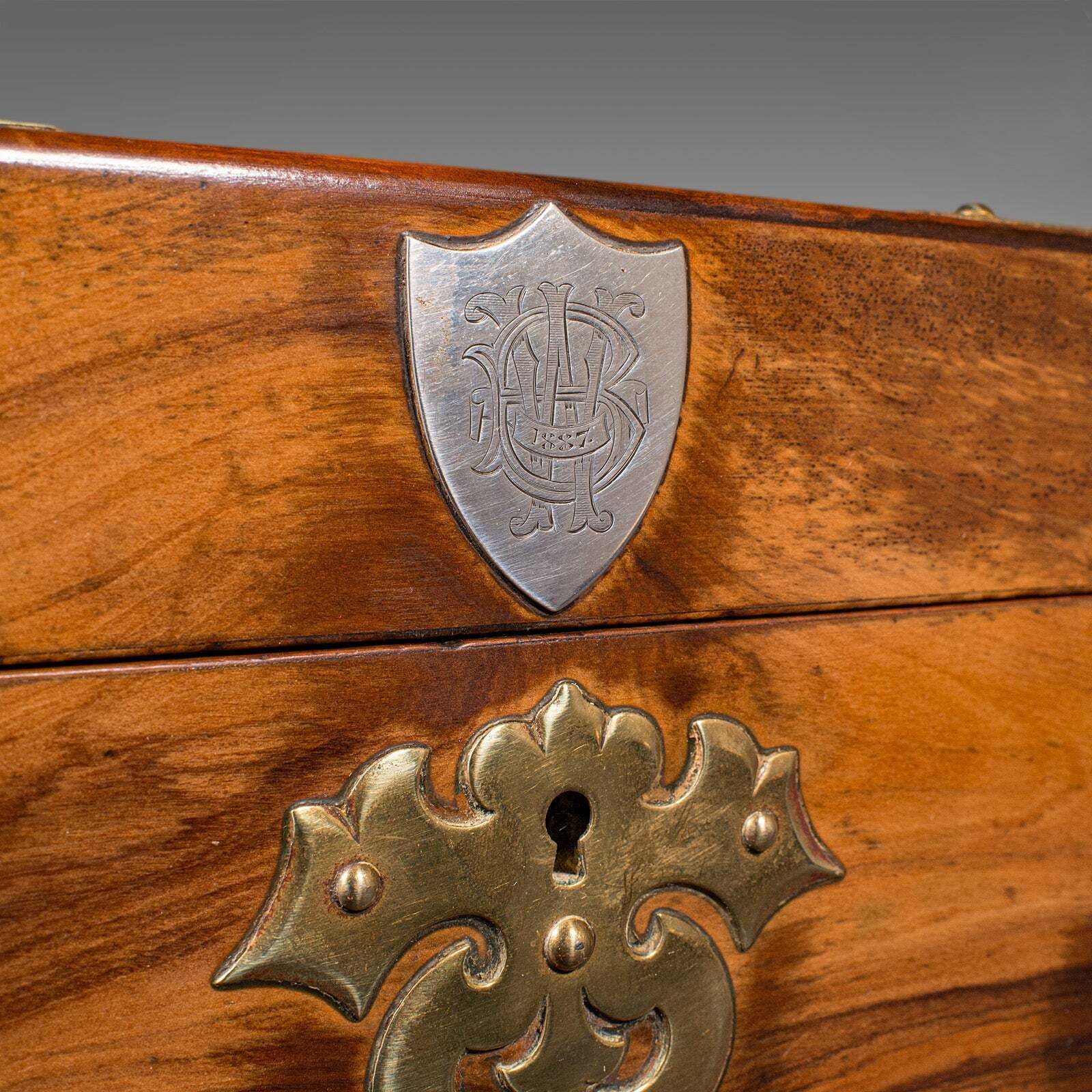 photo for sale Antique Gothic Revival Sewing Case, Scottish, Walnut, Brass, Workbox, Victorian
