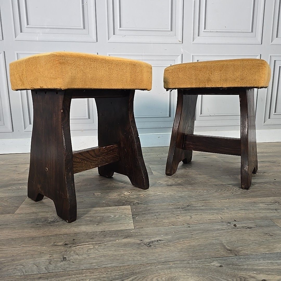Pair Vintage Oak Stools Upholstered Wooden Seats Rustic Pub Home Bar Mancave photo furniture