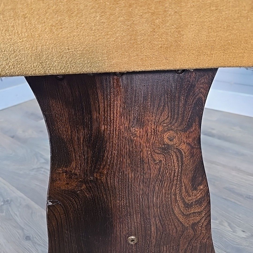 photo for sale Pair Vintage Oak Stools Upholstered Wooden Seats Rustic Pub Home Bar Mancave