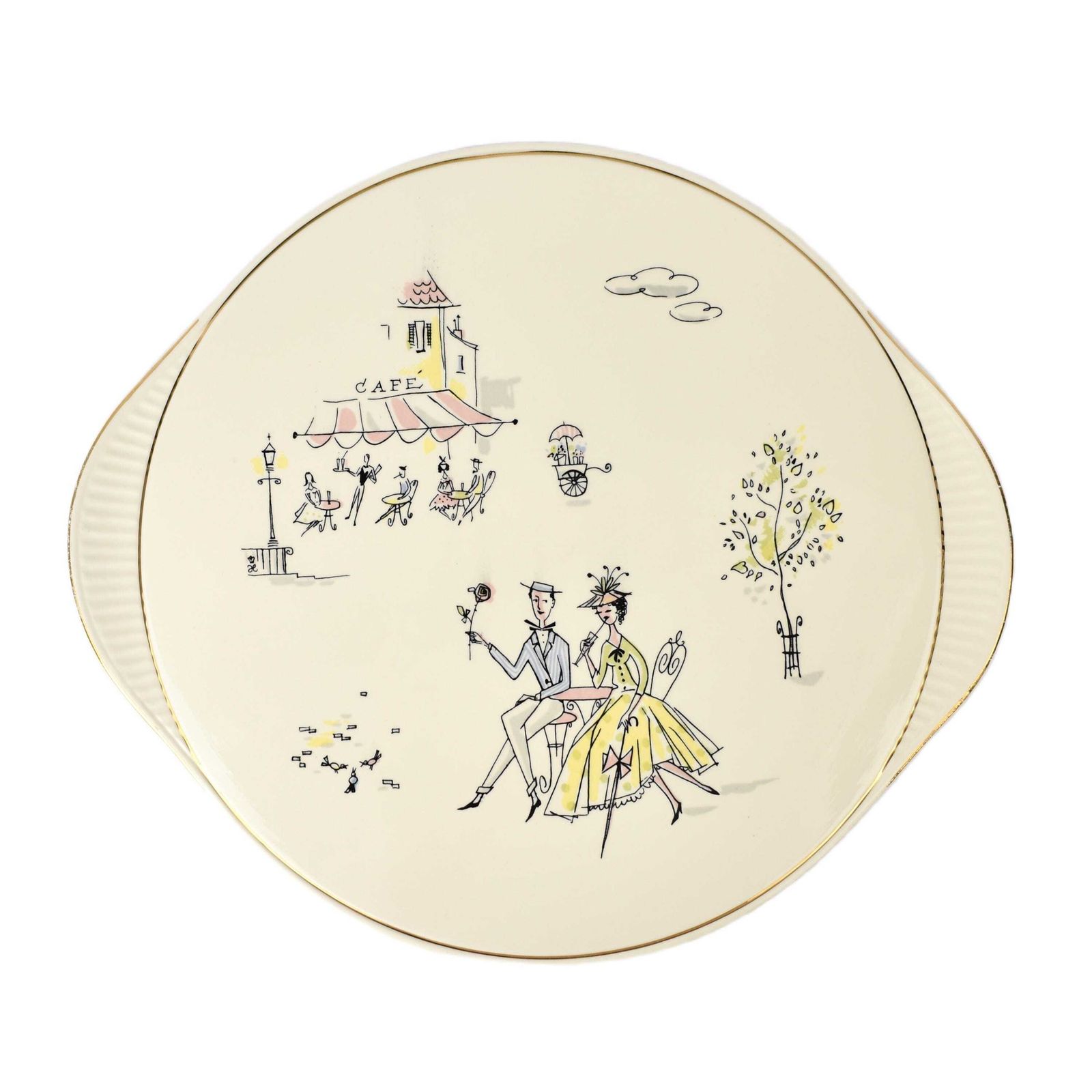 Mid Century Grünstadt Germany Pottery Ceramic Taartschaal "Café De Paris" Vintage Jaren 1950 Schaal Crème Off White Ivoor Gouden Rand | Frans