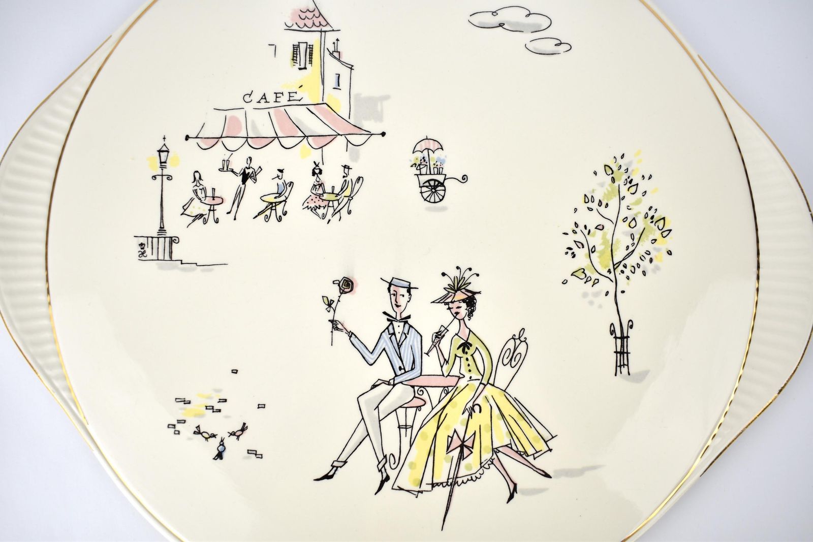 Mid Century Grünstadt Germany Pottery Ceramic Cake Plate "Café De Paris" Vintage 1950s Platter Creme Off White Ivory Gold Rim | French photo for sale