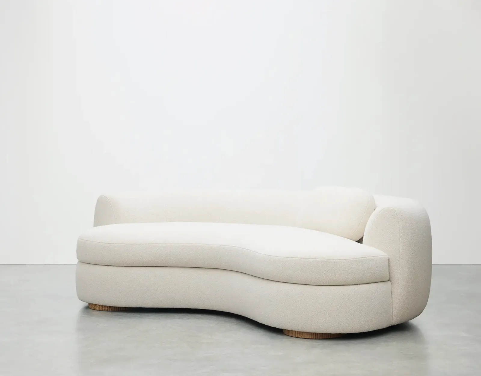 Handmade Sedilia Sennen Curved Sofa, Ismay Bouclé Parchment, Black Walnut Natural Oil Base photo furniture