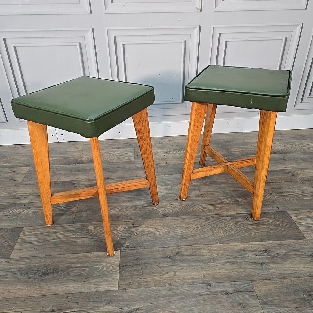 Pair Mid Century Stools Maple & Co Solid Beech Green Vinyl Seats Pub Bar