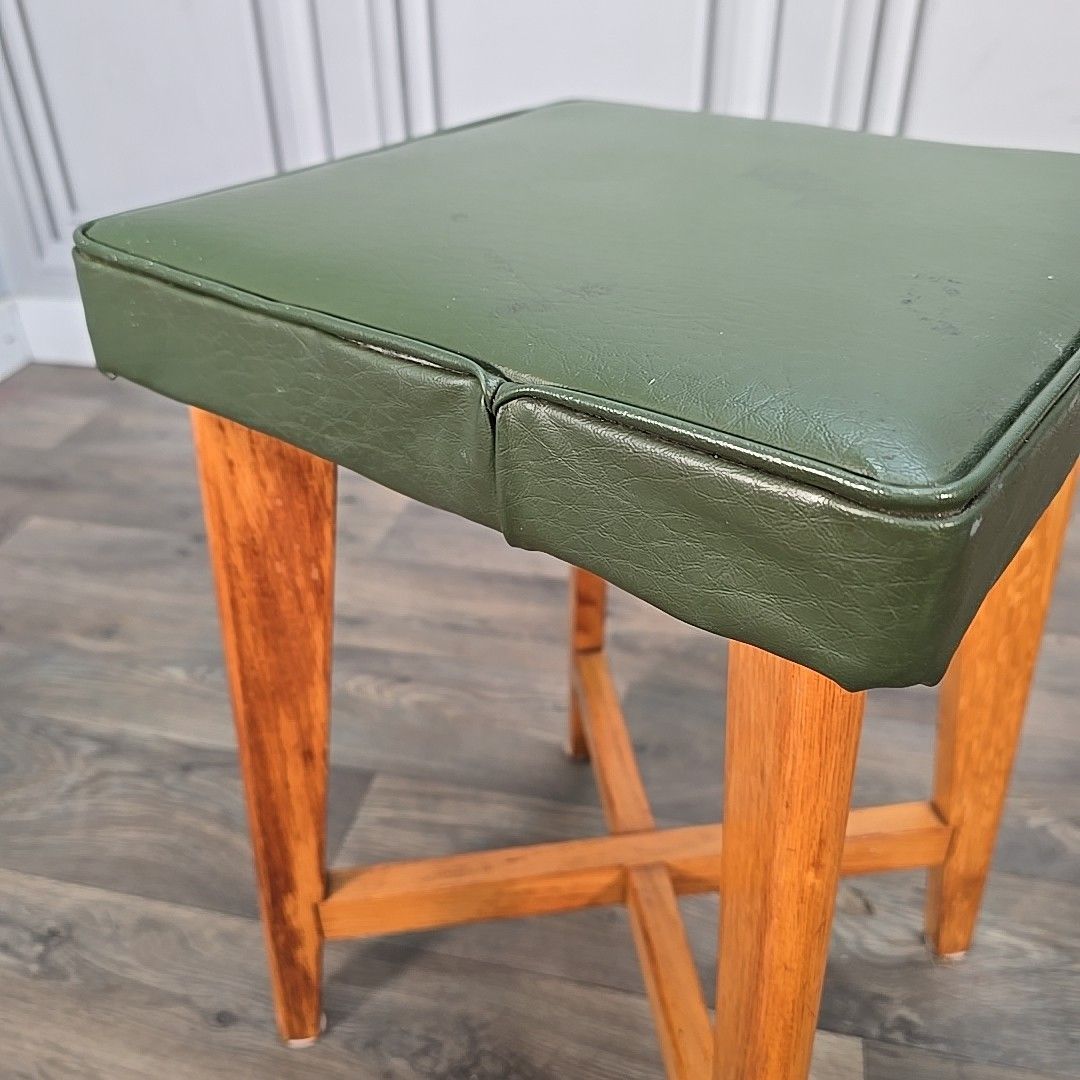 Furniture Pair Mid Century Stools Maple & Co Solid Beech Green Vinyl Seats Pub Bar photo