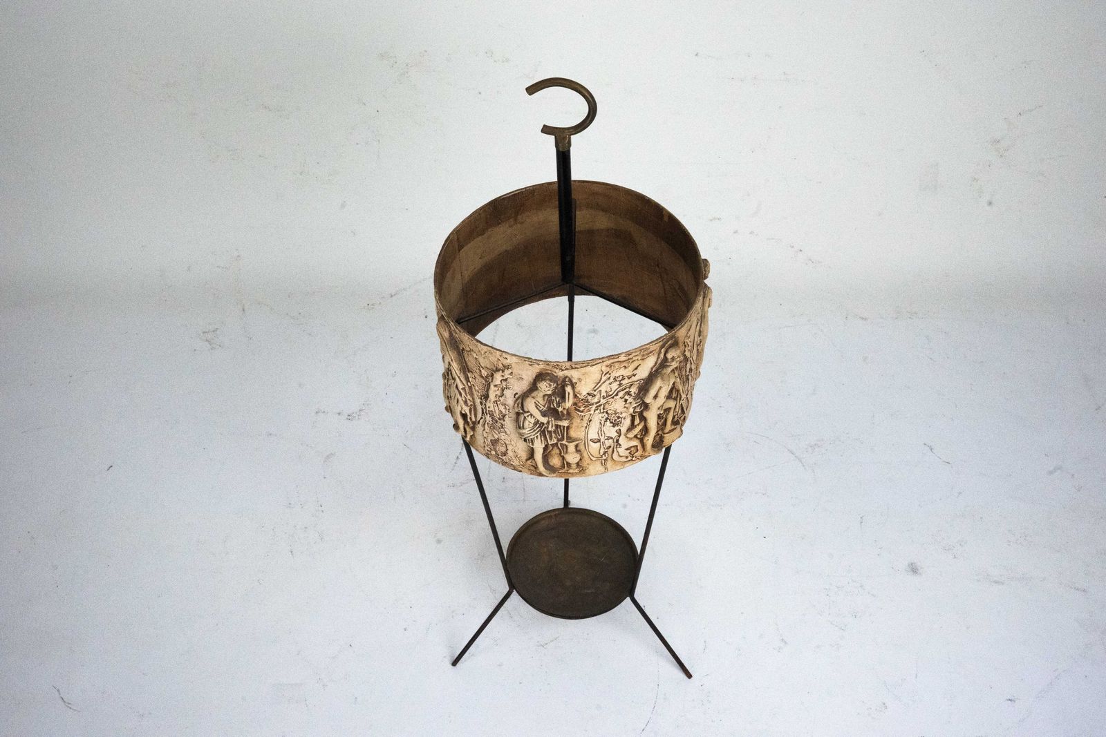 Mid Century Umbrella Stand In Iron And Brass With Neoclassical Relief, Italy 1950s photo for sale
