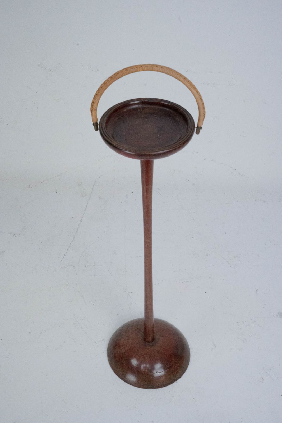 Vintage Wooden Ashtray Stand With Braided Leather Handle. Italy 1950s photo furniture