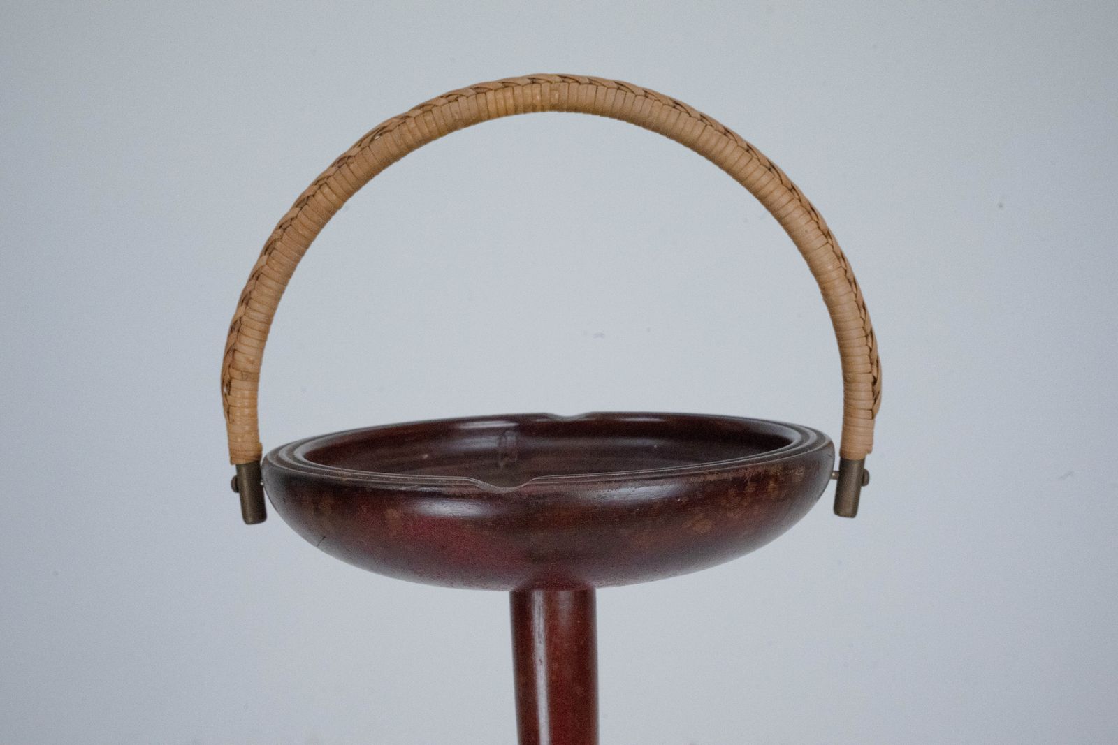 Vintage Wooden Ashtray Stand With Braided Leather Handle. Italy 1950s photo Home Decor