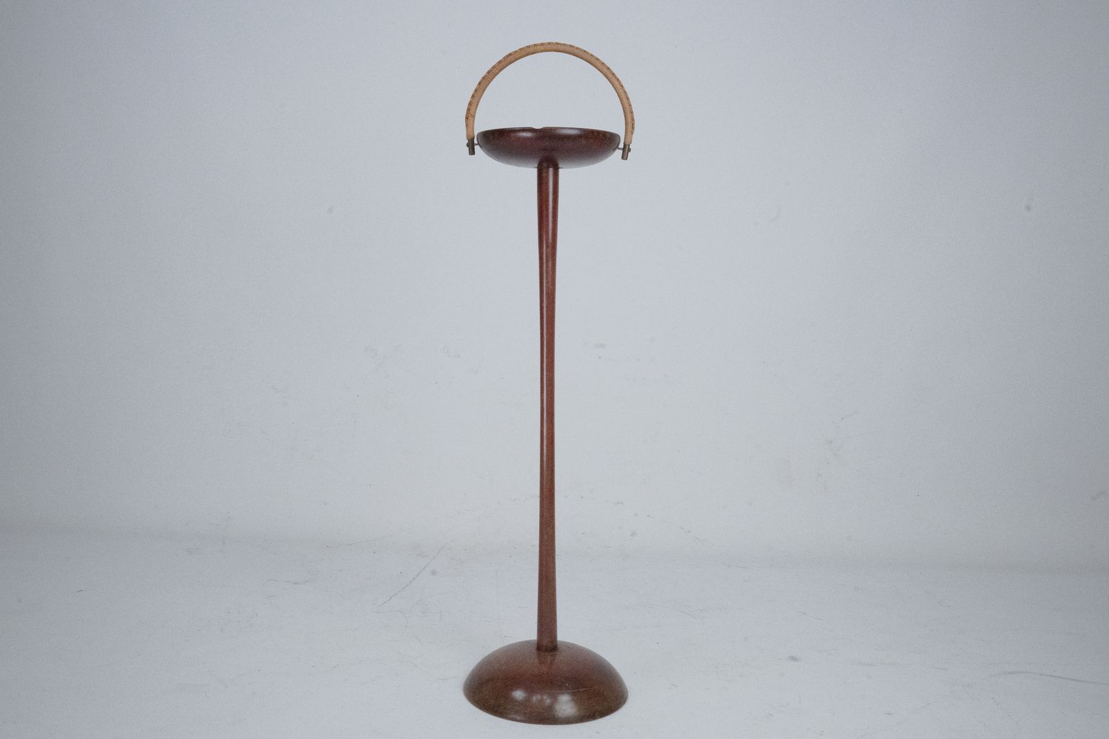 Vintage Wooden Ashtray Stand With Braided Leather Handle. Italy 1950s photo vinterior