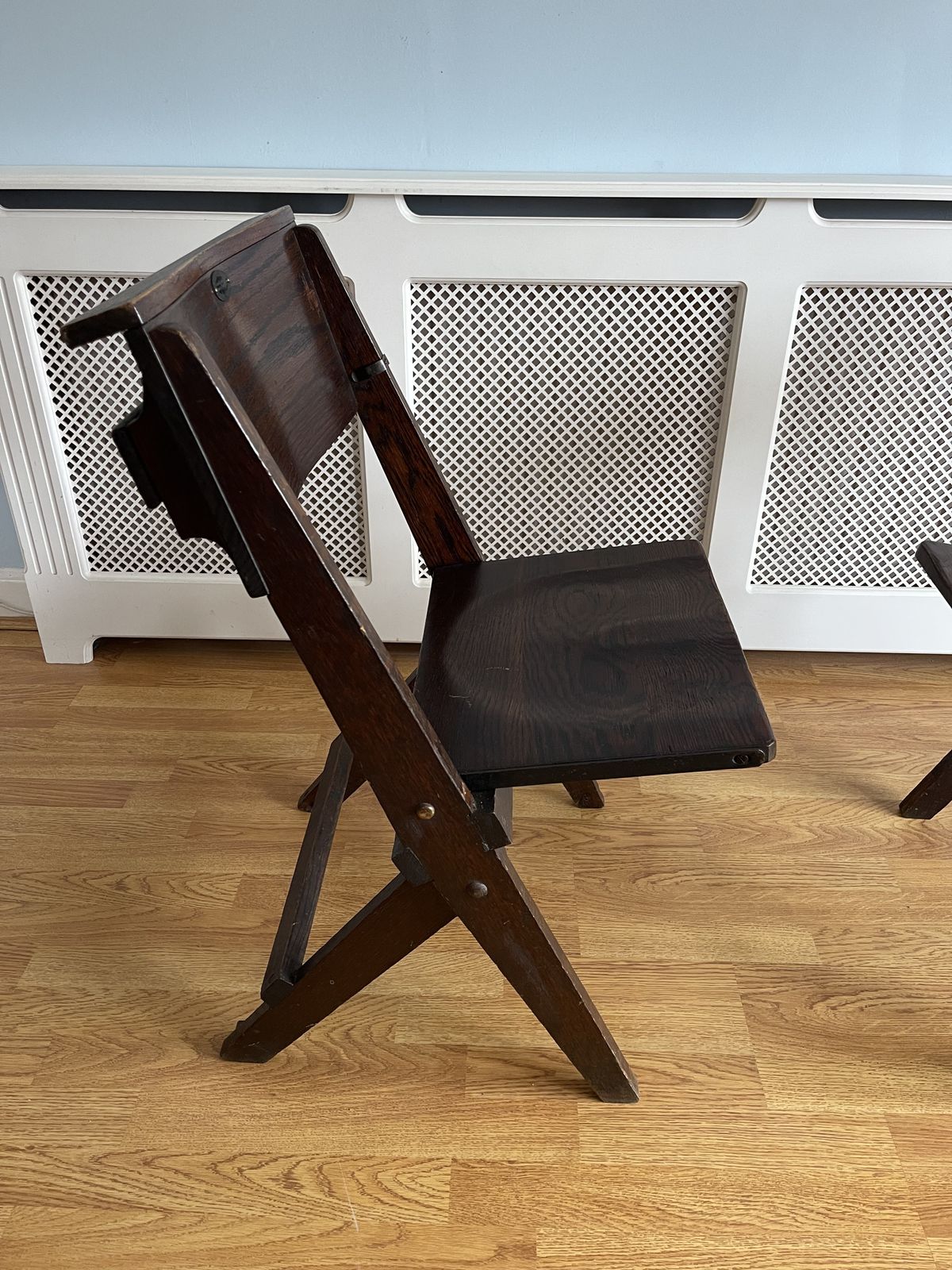 Antique Oak Chapel Folding Chairs By The Bennett Furnishing Co. Ltd photo for sale