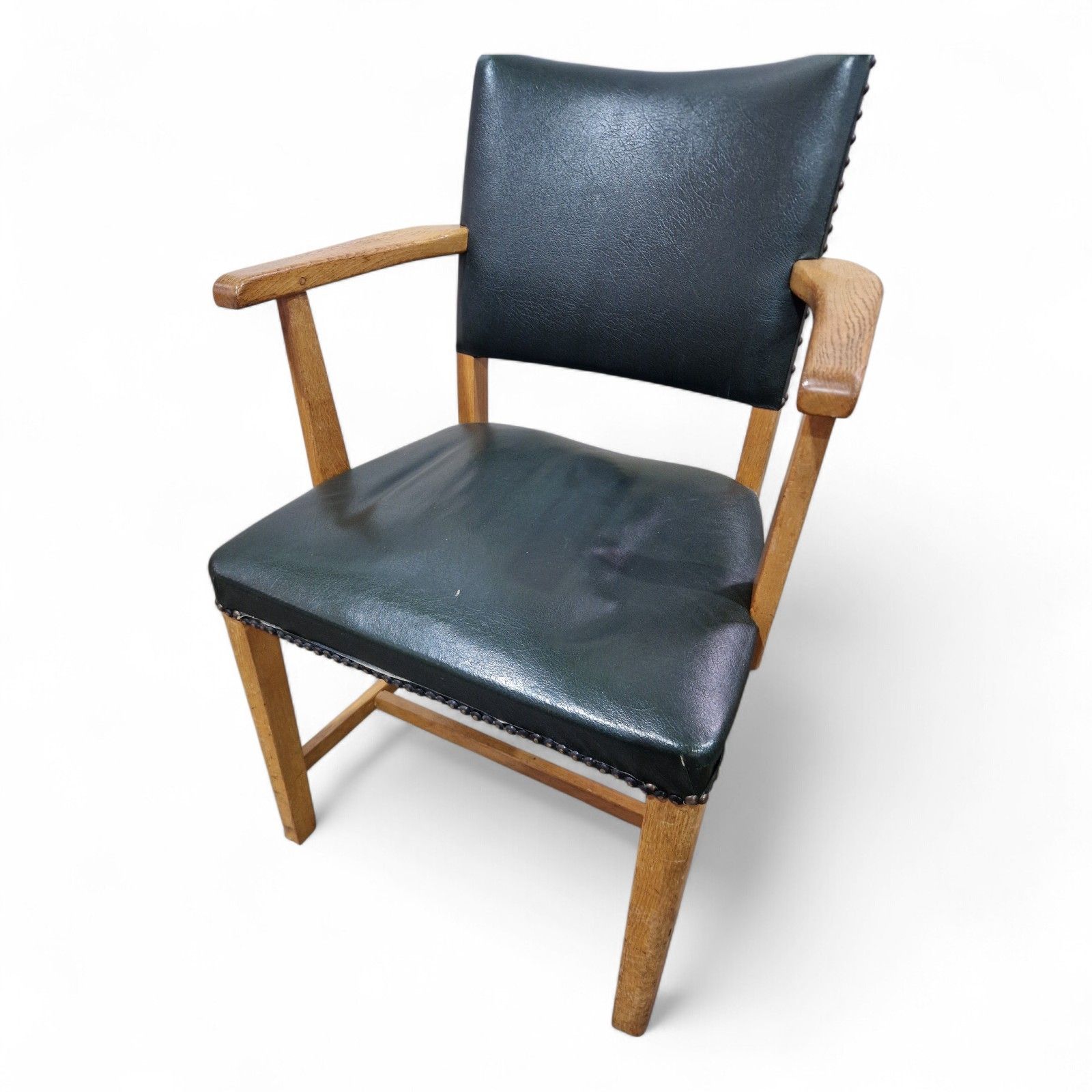 photo vintage Vintage Oak Desk Chair Armchair Early 20th Century Light Oak Industrial Green
