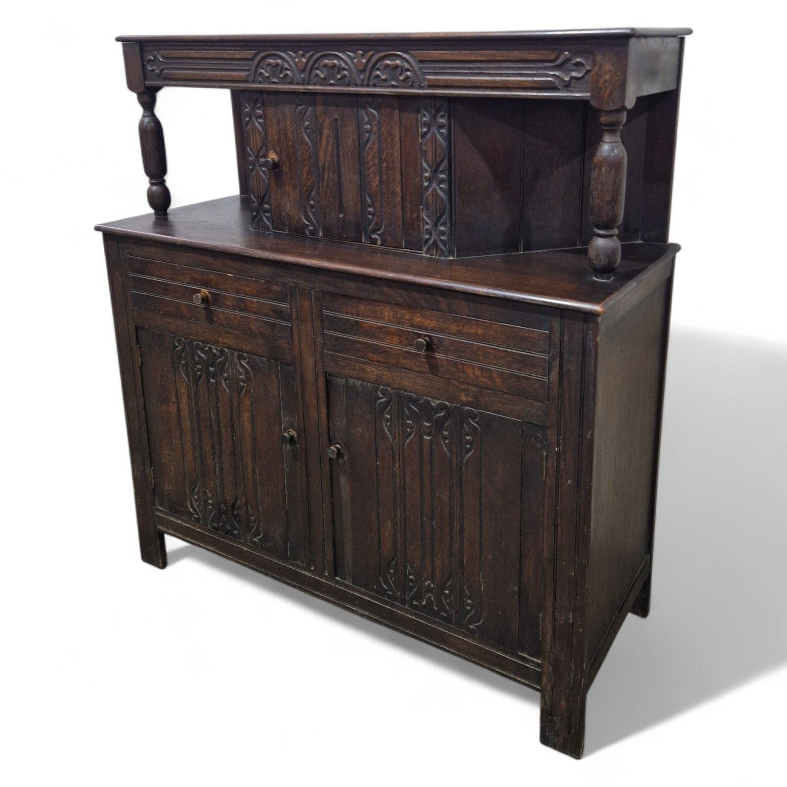 Victorian Carved Oak Buffet Dresser Jacobean Revival Antique Cupboard Sideboard photo for sale