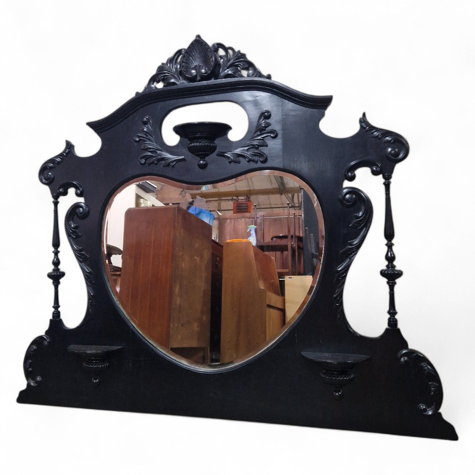 Victorian Overmantel Mirror Large Black Carved Heart Shaped Wall Mirror photo furniture