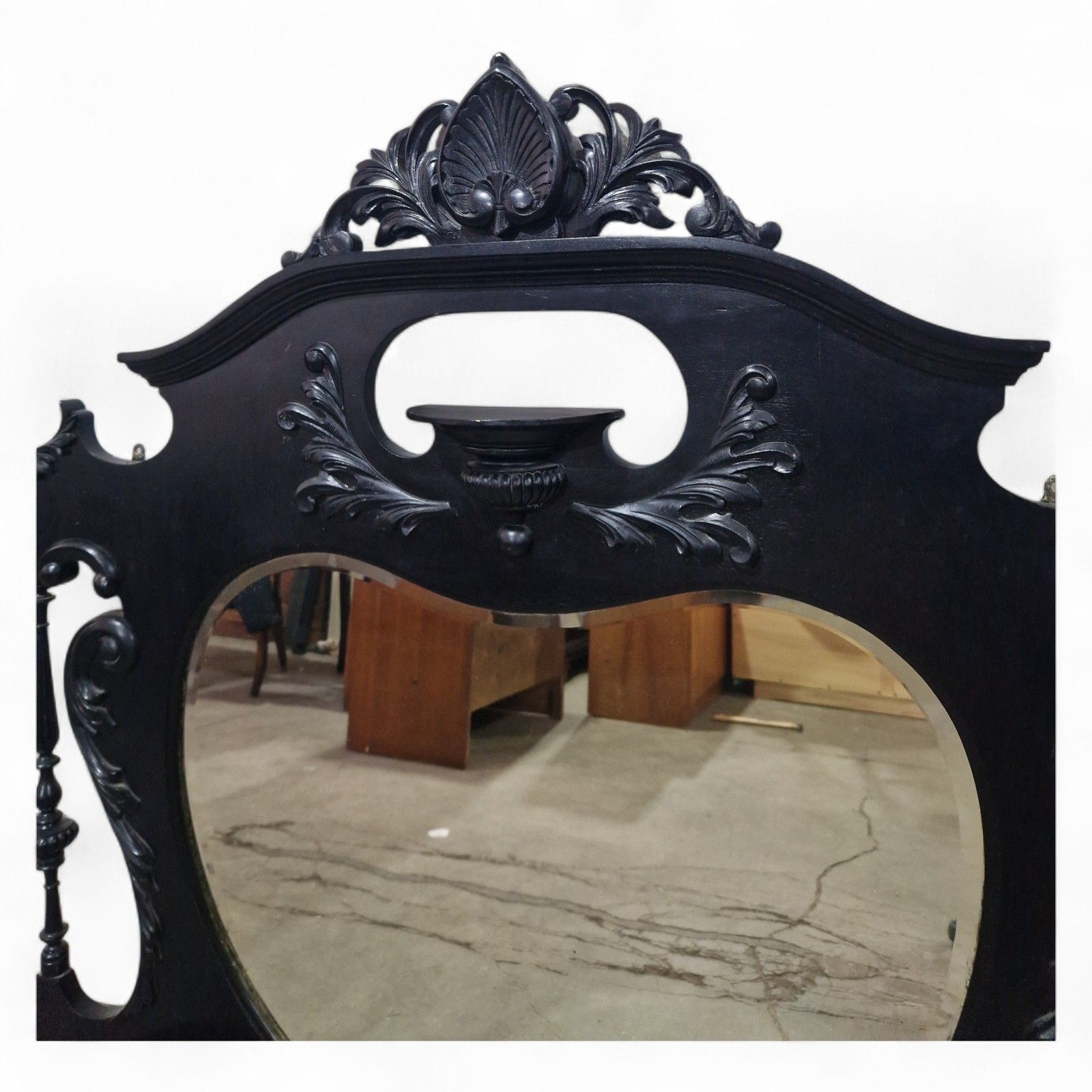 Victorian Overmantel Mirror Large Black Carved Heart Shaped Wall Mirror photo vinterior