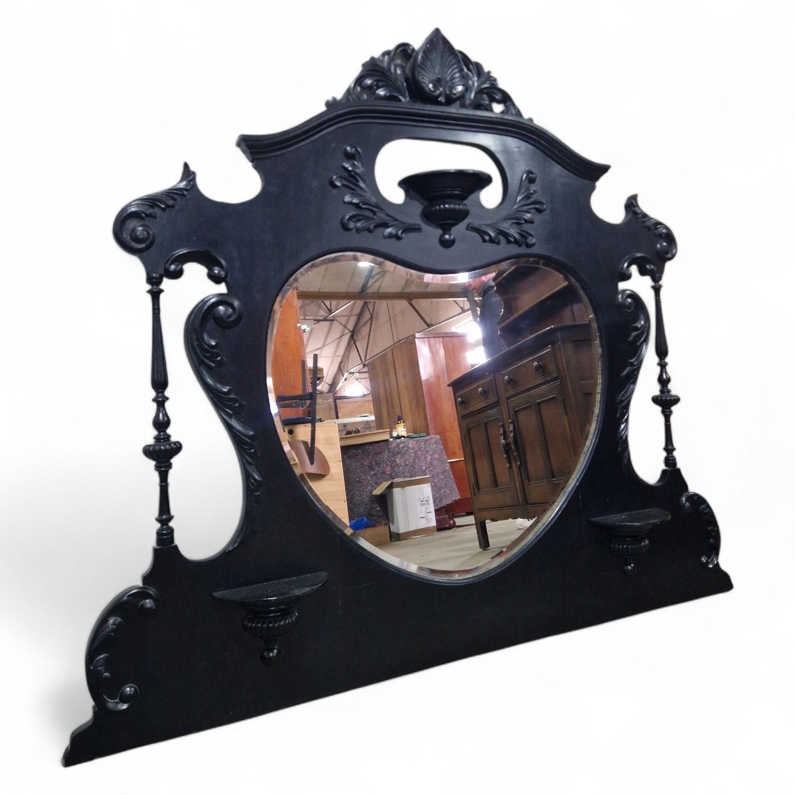 Victorian Overmantel Mirror Large Black Carved Heart Shaped Wall Mirror photo vintage