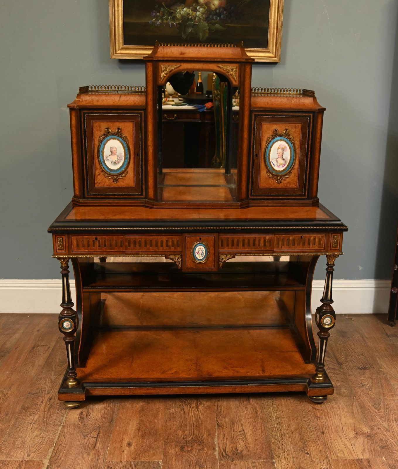 Victorian Bonheur De Jour Desk Amboyna Sevres Plaques 1860 photo for sale