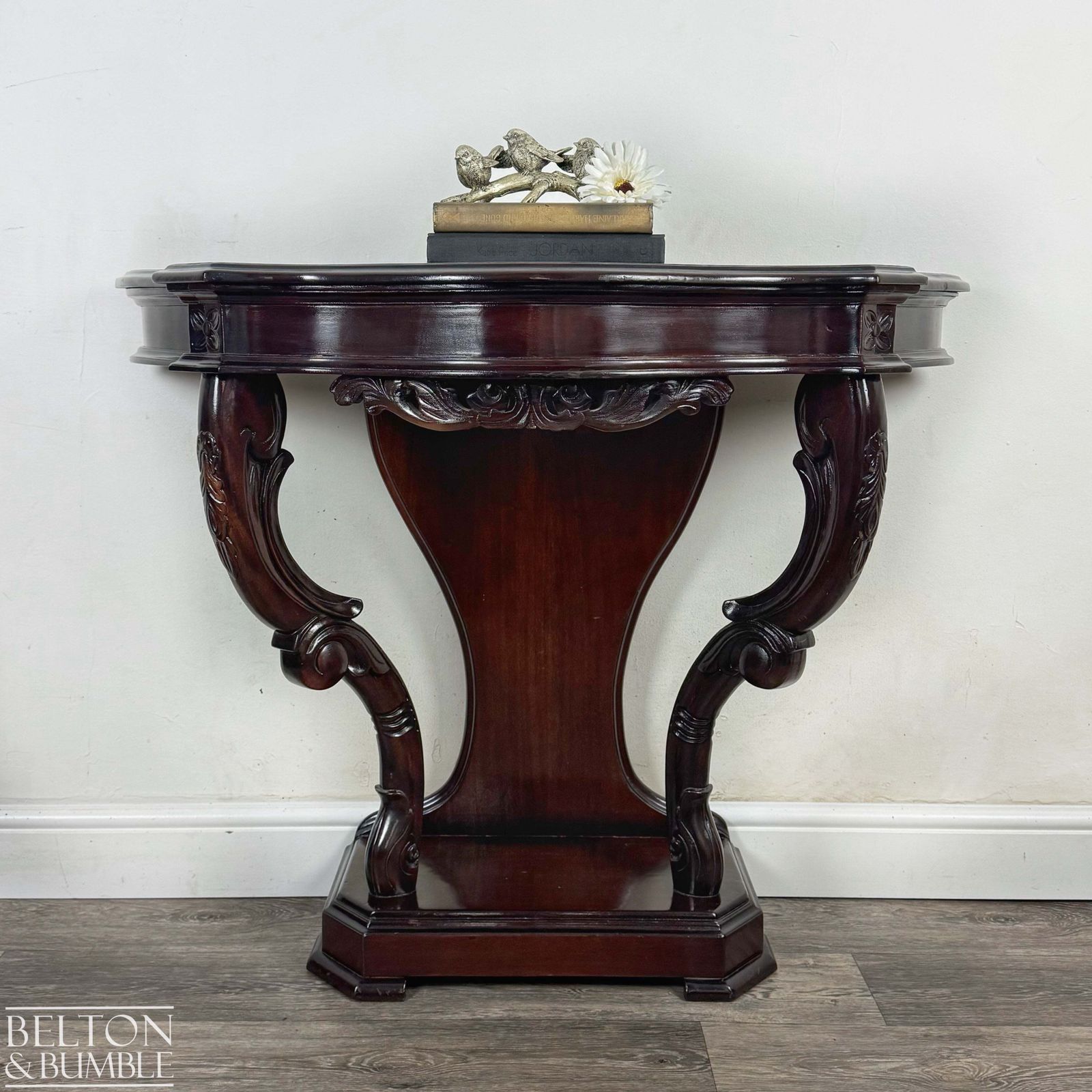 Reproduction Victorian Mahogany Serpentine Hallway Console Table With Carved Scroll Detail