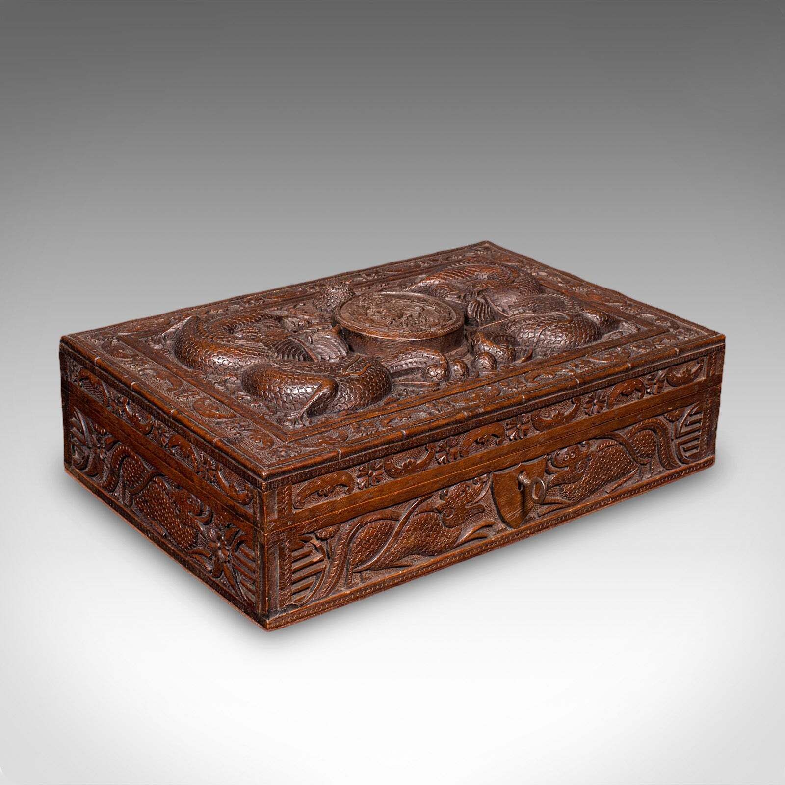 Vintage Carved Cigar Box, Oriental, Teak, Keepsake, Jewellery Case, Art Deco