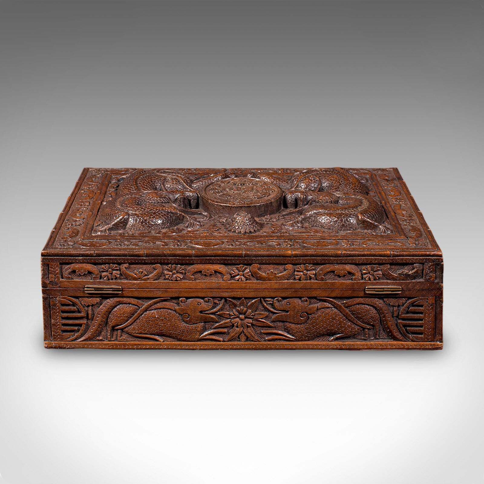 Vintage Carved Cigar Box, Oriental, Teak, Keepsake, Jewellery Case, Art Deco photo vinterior